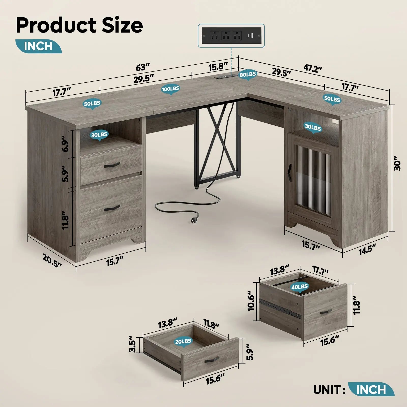 Bestier 63" Farmhouse L Shaped Desk Office Computer Desk with Charging Station & Cabinet, Corner Desk with File Drawers for Home Office Bestier