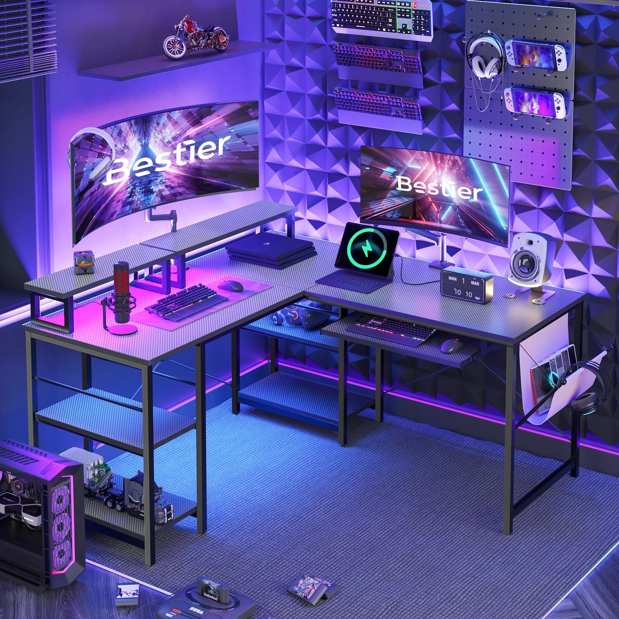 Bestier L Shaped Gaming Desk or 2 Person Long Table with Shelves Monitor Stand and Keyboard Tray Bestier