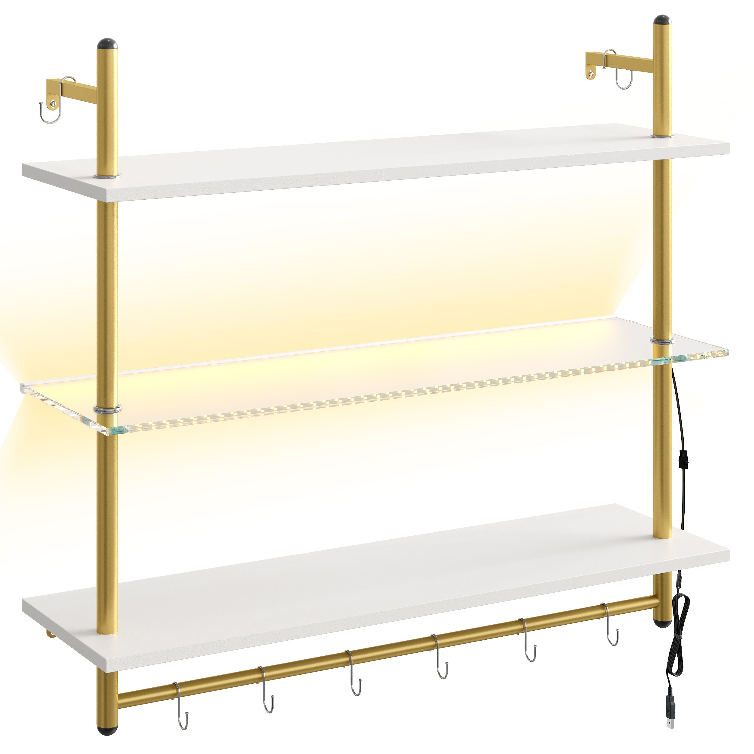 Bestier 41" Floating Shelves with LED Light, 3-Tier Wall-Mounted Wood Shelves with 8 S-Hooks, White Finish & Gold Frame