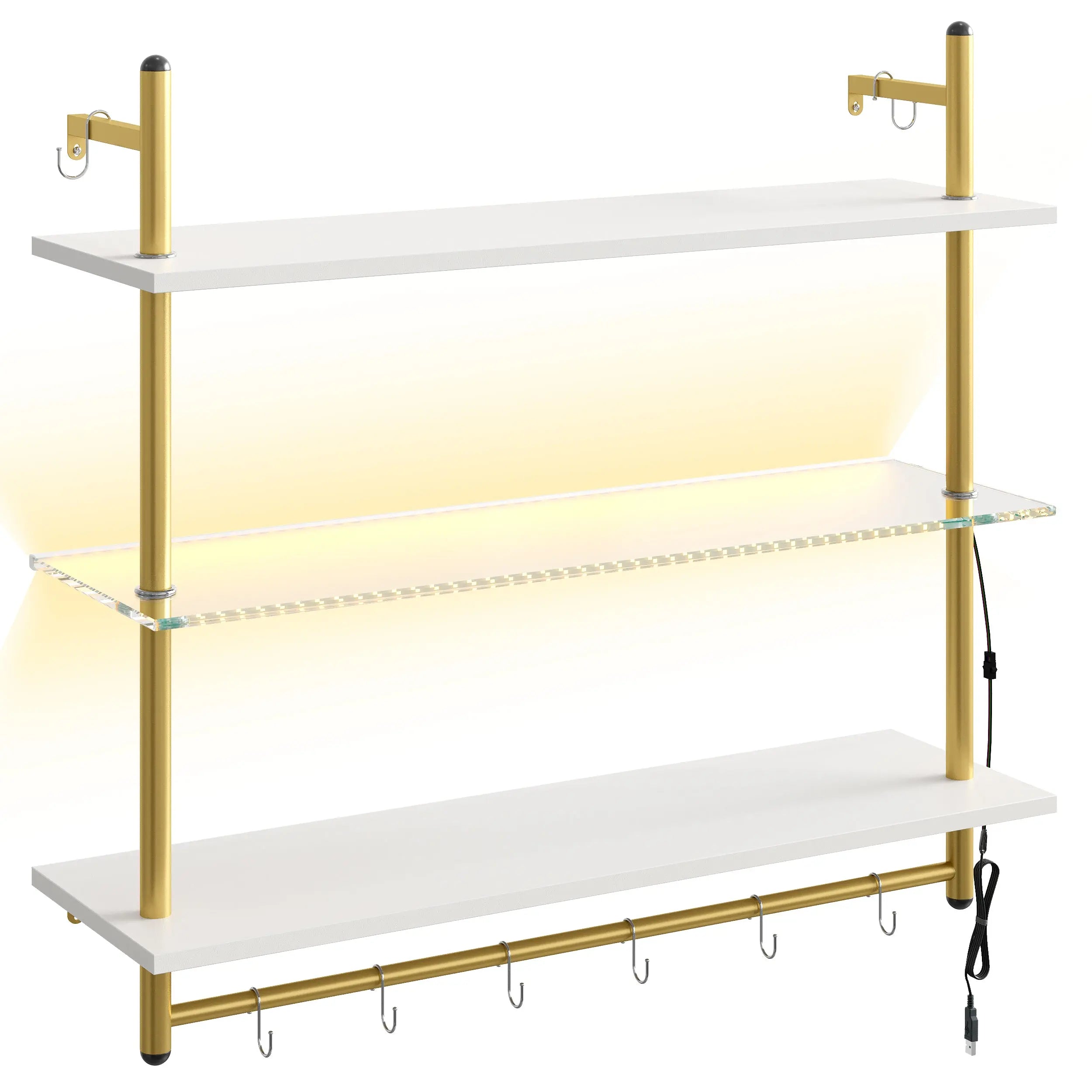 White 3-tier floating shelves with gold frame, integrated LED light, and hanging S-hooks.