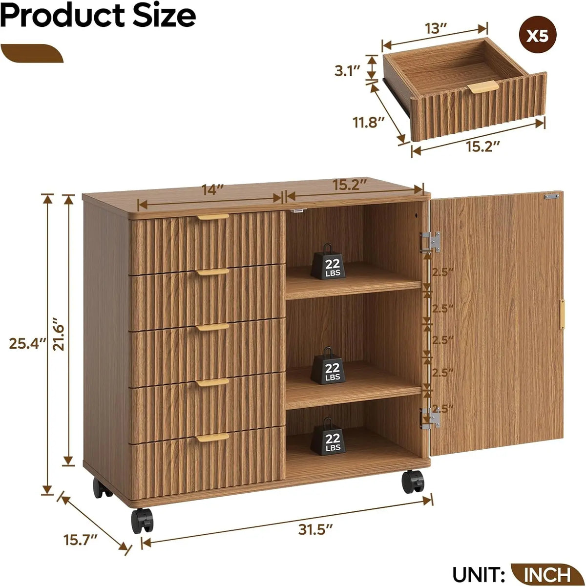Bestier Office Storage Cabinet with 5 Drawers and Adjustable Shelf, Brown Commercial Office Furniture, Drawers + Shelves Bestier