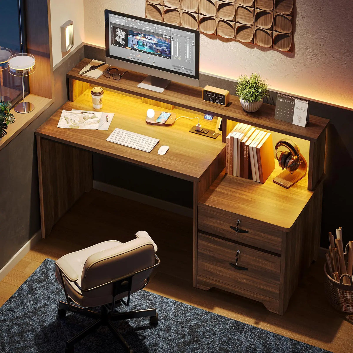 Bestier 55-Inch Computer Desk with Lock File Drawer & Charging Hub, Walnut Bestier