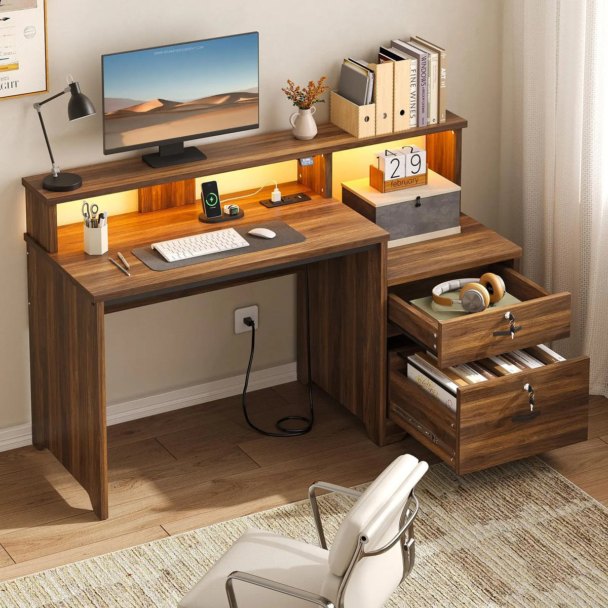 Bestier 55-Inch Computer Desk with Lock File Drawer & Charging Hub, Walnut Bestier