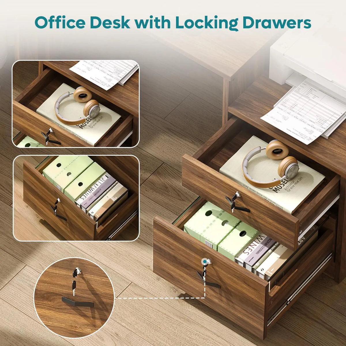 Bestier 55-Inch Computer Desk with Lock File Drawer & Charging Hub, Walnut Bestier