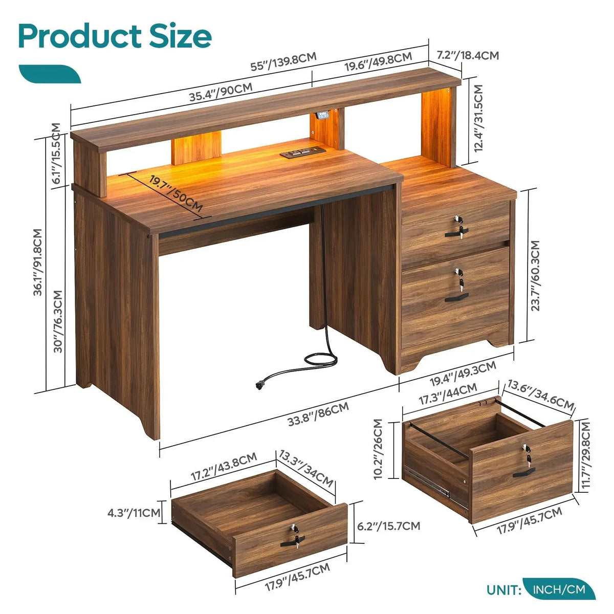 Bestier 55-Inch Computer Desk with Lock File Drawer & Charging Hub, Walnut Bestier