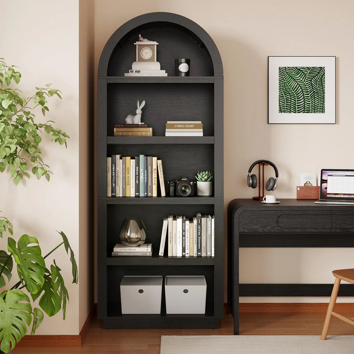 Bestier 76 in Tall Arched Bookshelf, 5-Tier Mid-Century Open Display Wood Bookcase with Adjustable Shelves for Bedroom, Home Office, Black Oak Bestier