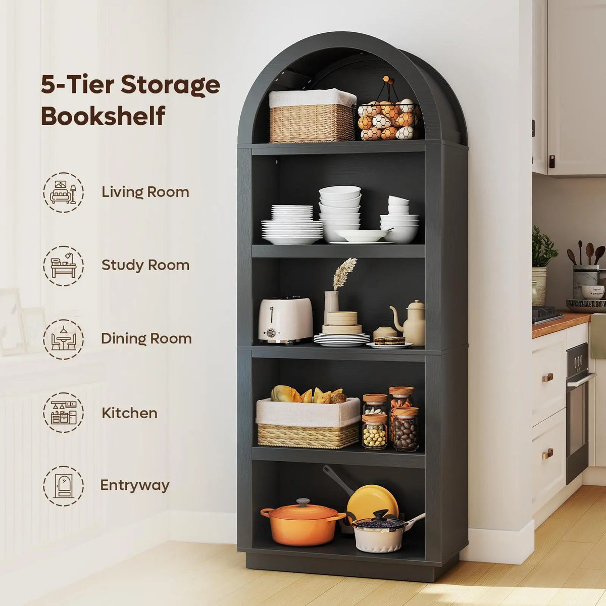 Bestier 76 in Tall Arched Bookshelf, 5-Tier Mid-Century Open Display Wood Bookcase with Adjustable Shelves for Bedroom, Home Office, Black Oak Bestier