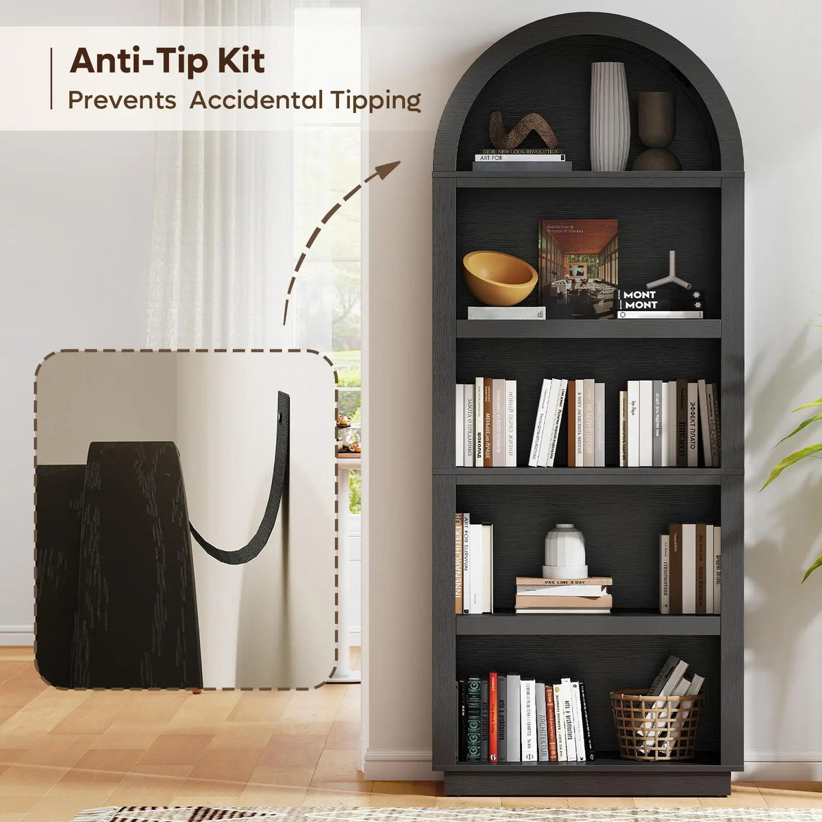 Bestier 76 in Tall Arched Bookshelf, 5-Tier Mid-Century Open Display Wood Bookcase with Adjustable Shelves for Bedroom, Home Office, Black Oak Bestier