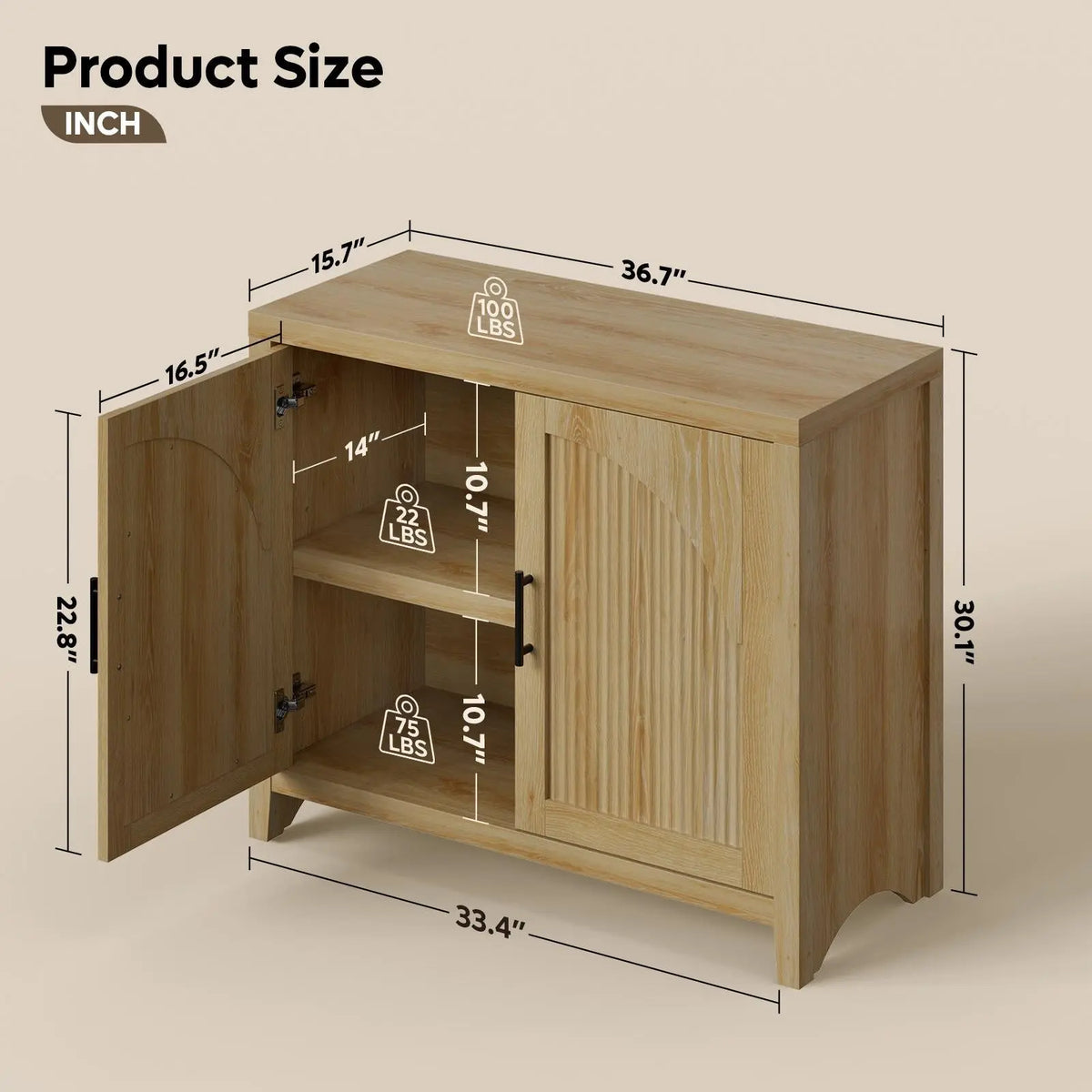 Bestier 37 "W Fluted Sideboard Buffet Cabinet with Storage, Natural Oak Bestier