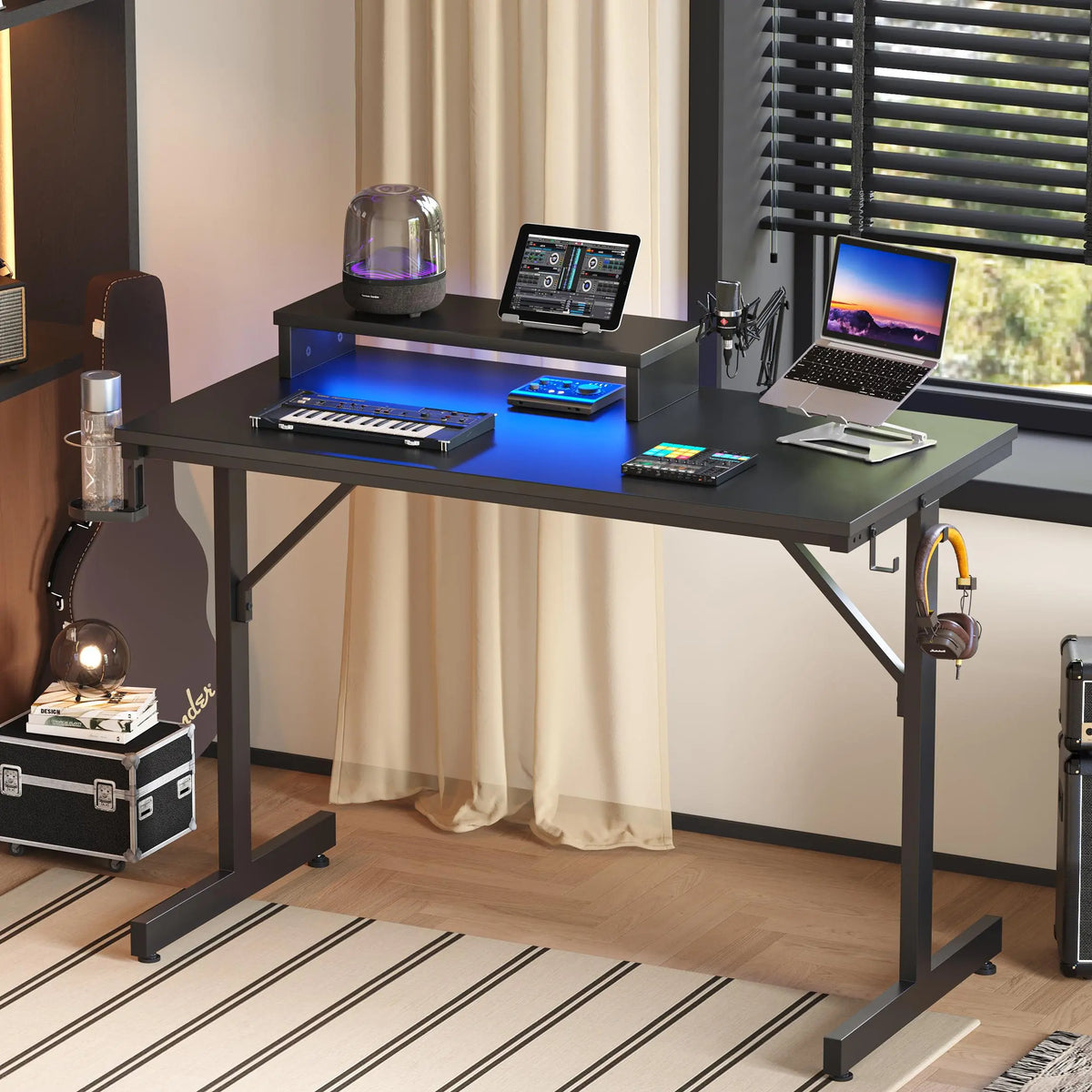 Bestier 42-in Ergonomic Gaming PC Desk - LED Table with RGB LED Light Strip, Adjustable Height, Waterproof Carbon Fiber Surface, Monitor Riser, Cup Holder, Headset Hooks, Modern Office Furniture for Dual Monitor WFH Setup Bestier