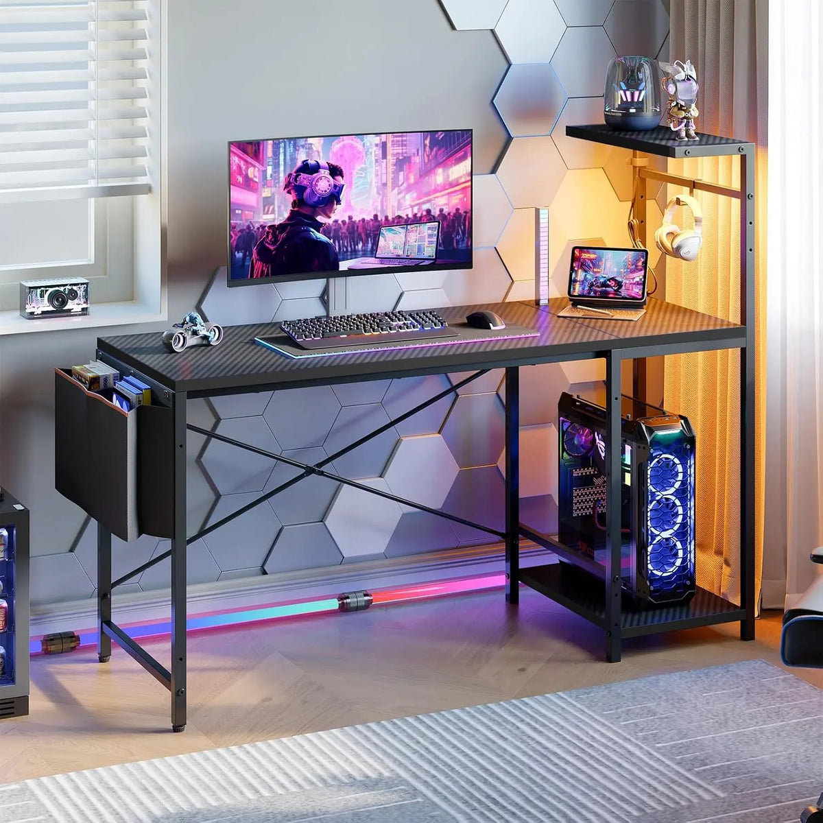 51.2'' Gaming Desk with LED Lights, Carbon Fiber Black Reversible Shelves, LED Lights, 4-Tier Storage Shelves, Side Storage Bag, Headphone Hook, Foldable Cup Holder, Home Office Bestier