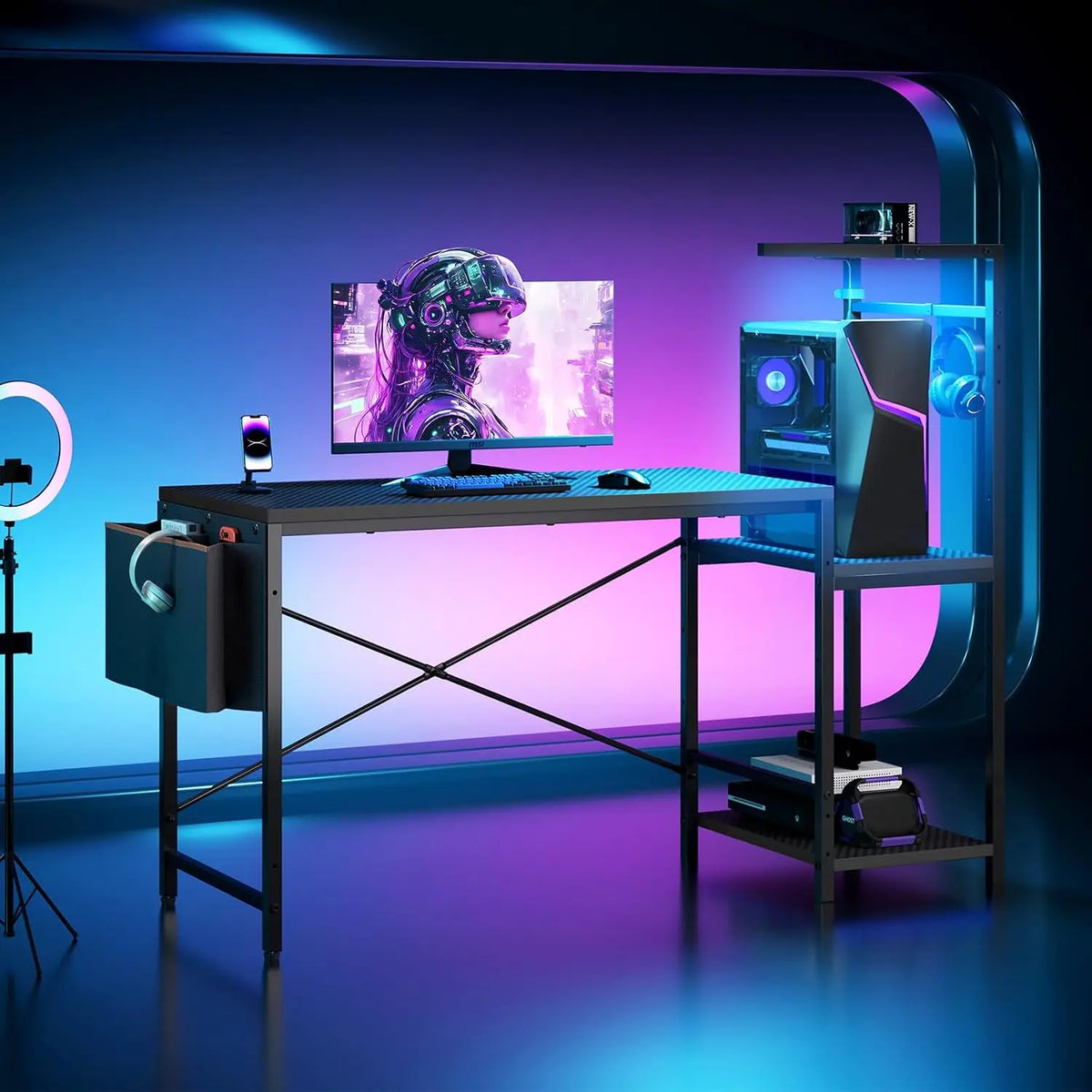 51.2'' Gaming Desk with LED Lights, Carbon Fiber Black Reversible Shelves, LED Lights, 4-Tier Storage Shelves, Side Storage Bag, Headphone Hook, Foldable Cup Holder, Home Office Bestier