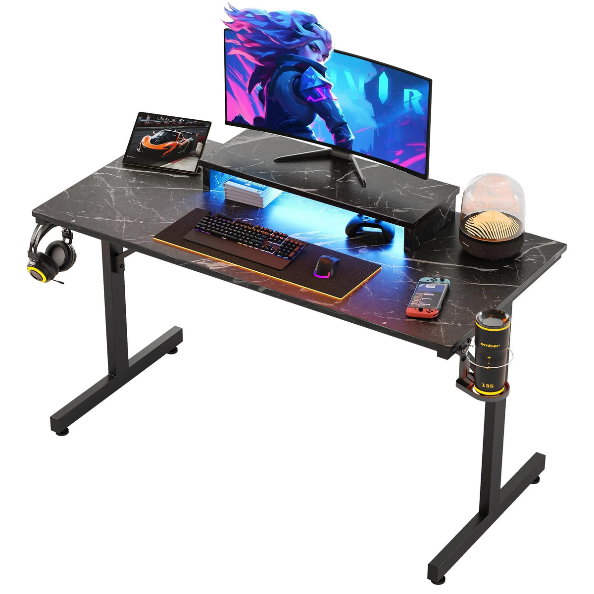 51.2'' Gaming Desk with LED Lights, Carbon Fiber Black Reversible Shelves, LED Lights, 4-Tier Storage Shelves, Side Storage Bag, Headphone Hook, Foldable Cup Holder, Home Office Bestier