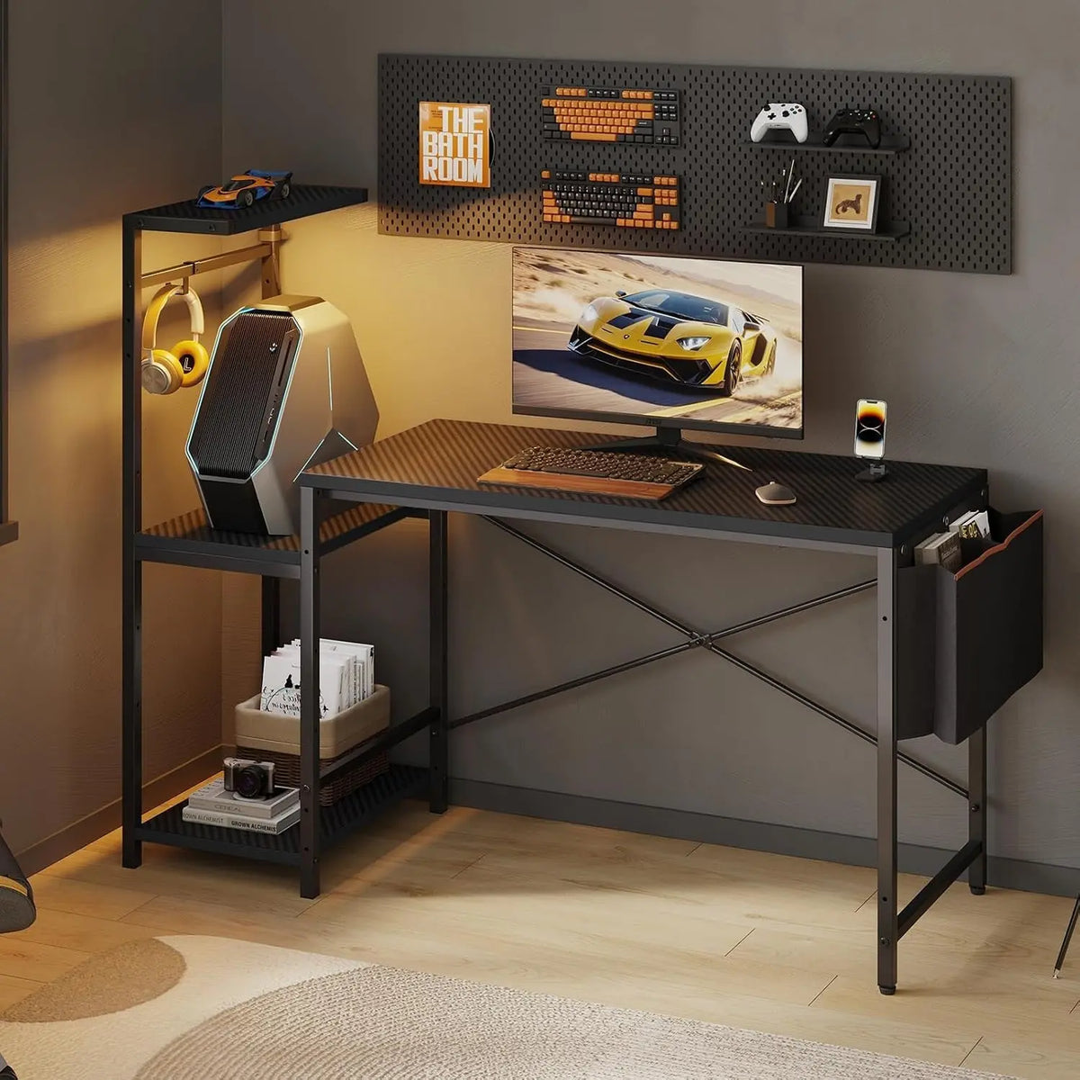 51.2'' Gaming Desk with LED Lights, Carbon Fiber Black Reversible Shelves, LED Lights, 4-Tier Storage Shelves, Side Storage Bag, Headphone Hook, Foldable Cup Holder, Home Office Bestier
