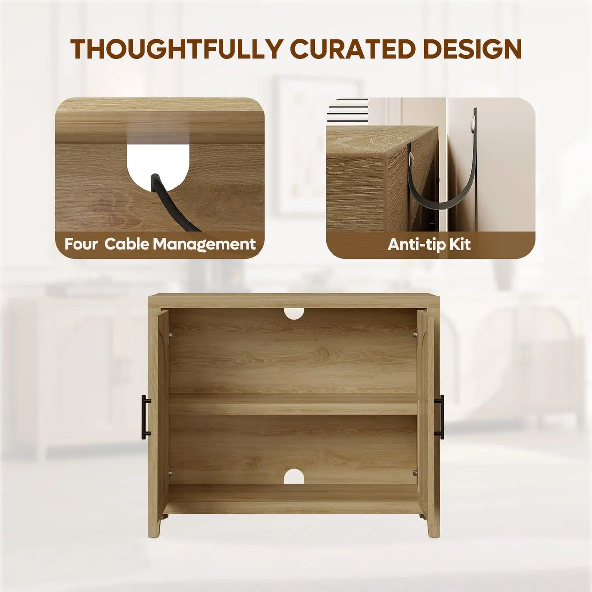Bestier 37 "W Fluted Sideboard Buffet Cabinet with Storage, Natural Oak Bestier
