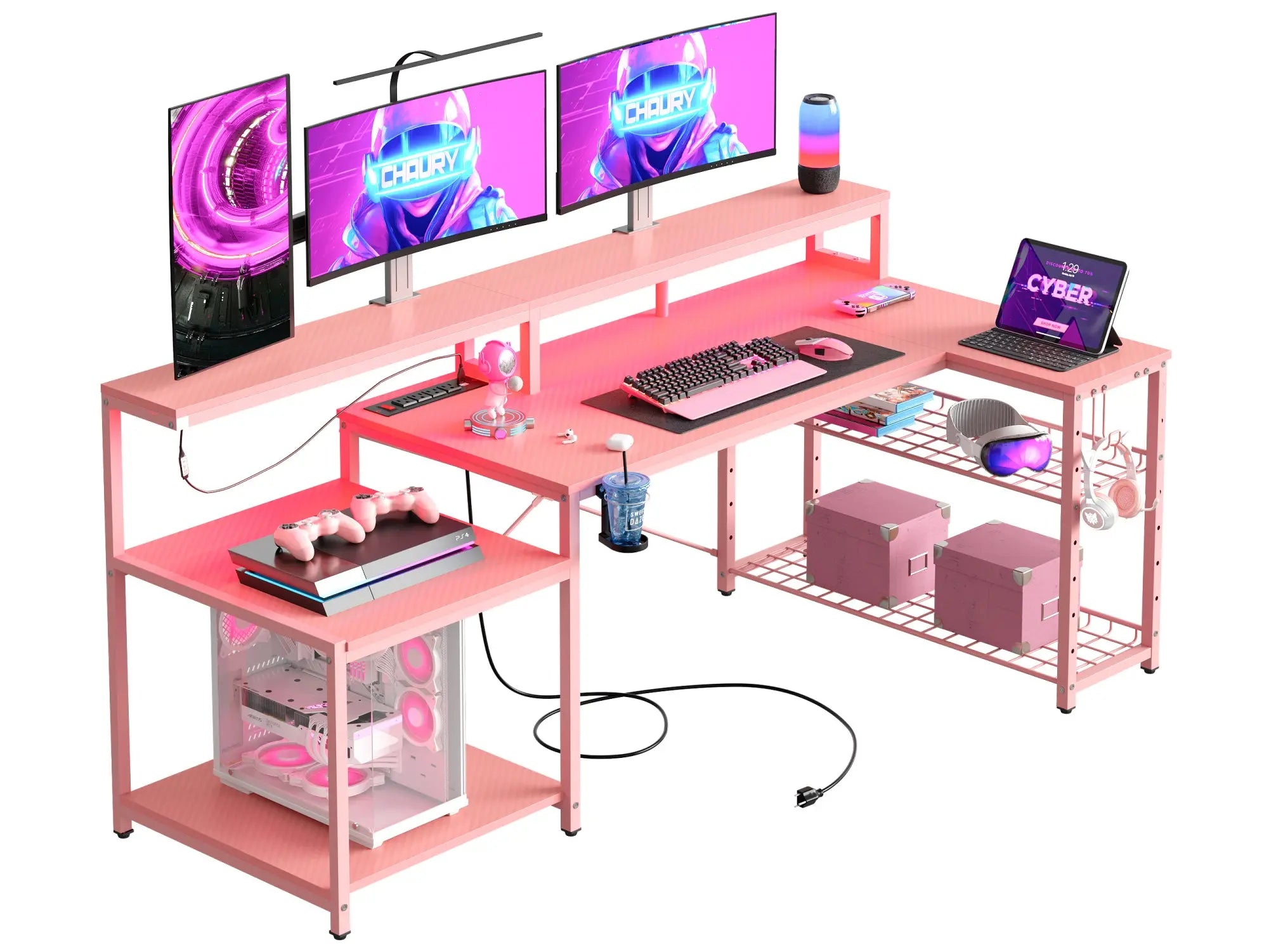 Gaming Desk with Power Outlet, 71.5 inch LED Computer Desk with Monitor Stand, L Shaped Large Desk with Metal Shelf, Cup Holder & Headset Hooks, Corner Desk for Bedroom 3D Carbon Fiber Bestier