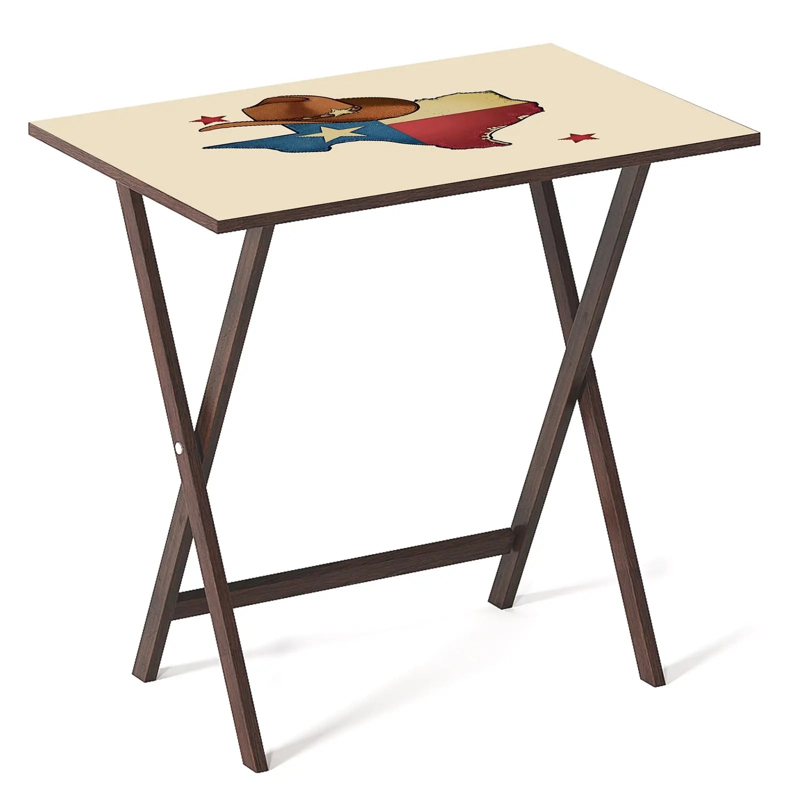Texas-style foldable desk with rustic Texas map, cowboy hat, and flag graphic.