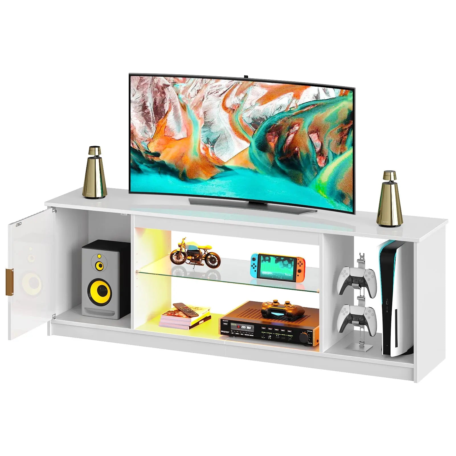 Bestier Fluted TV Stand for TVs up to 65 inch with LED Lights, High Glossy Entertainment Center with Storage Cabinet & Shelves Bestier