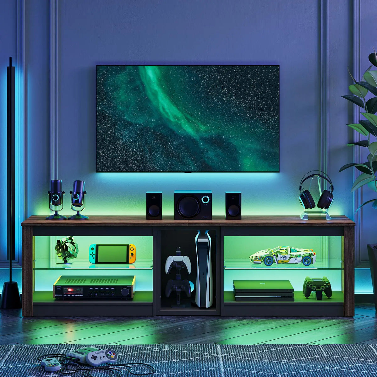 Bestier 63-inch TV stand gaming entertainment center with LED lights, glass shelves, PS5, Nintendo Switch.