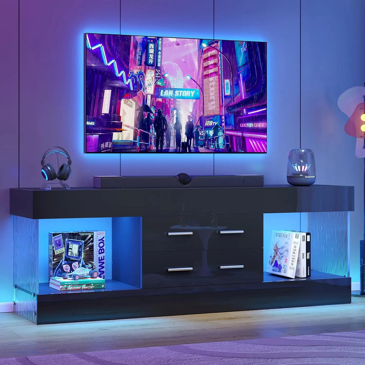 Bestier 60" High Gloss RGB LED TV Stand - Engineered Wood Minimalist Modern Media Console, Pull-Out Storage Drawer, Ripple Texture Acrylic Side Panels, Supports 65" TV, Man Cave Furniture Bestier