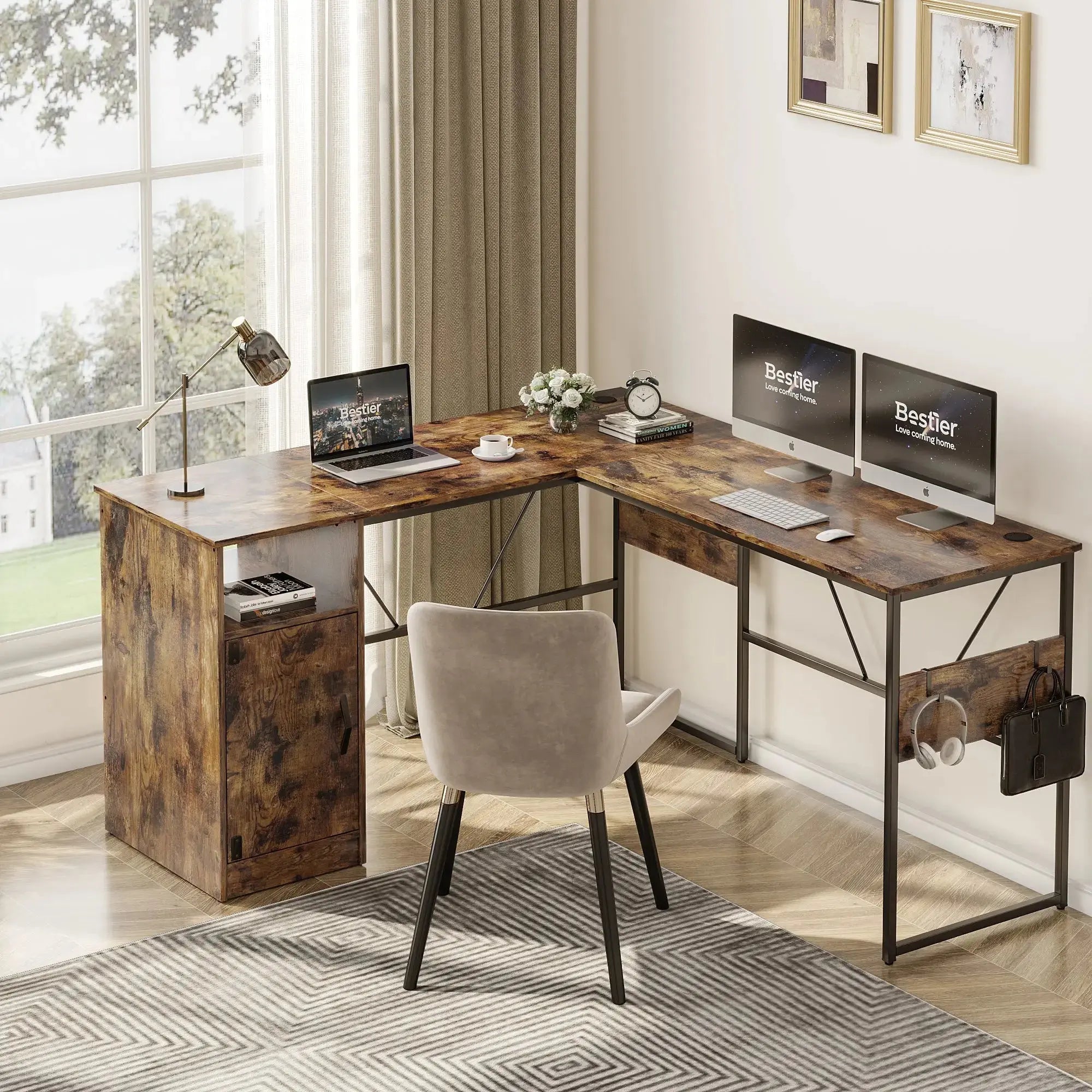 Bestier reversible L-shaped computer desk, rustic wood finish, with storage cubby, cabinet & hooks for home office.