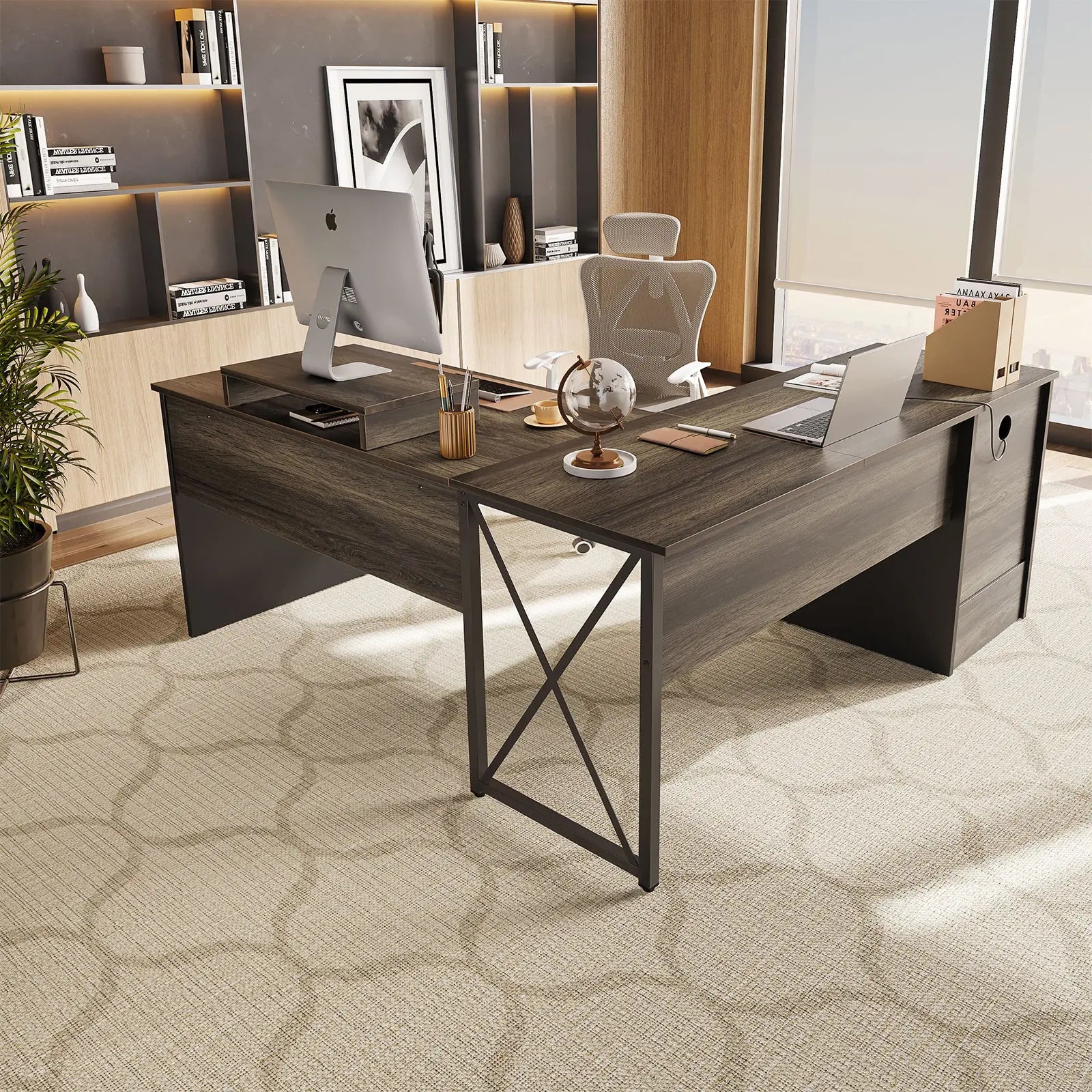 Bestier 56-inch L-Shaped Computer Desk with Drawers and Monitor Stand Bestier