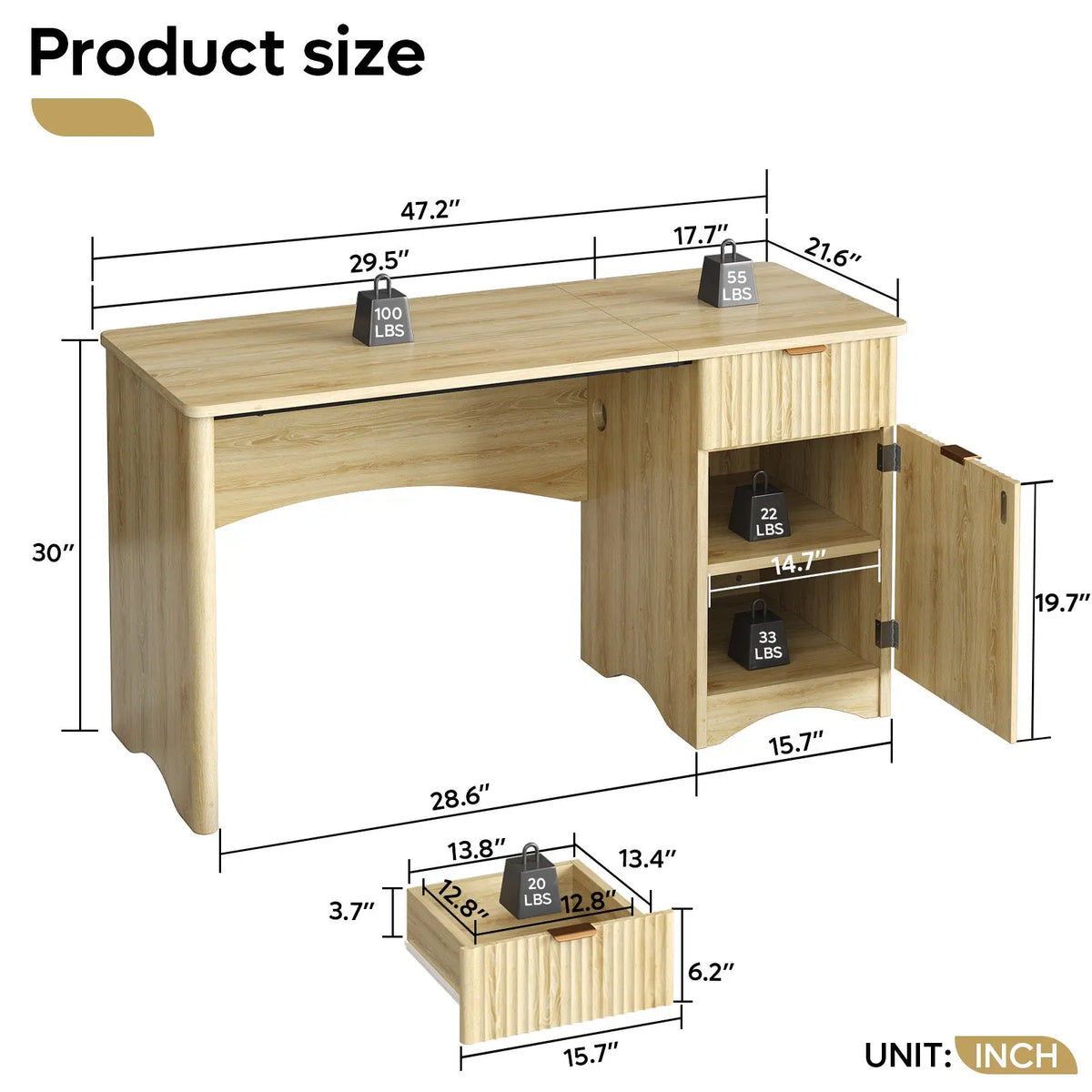 Bestier 47-in Fluted Computer Desk with Drawer & File Cabinet, Modern Natural Oak Storage Unit for Home Office, Bedroom Study, Desk For Home Office Bestier