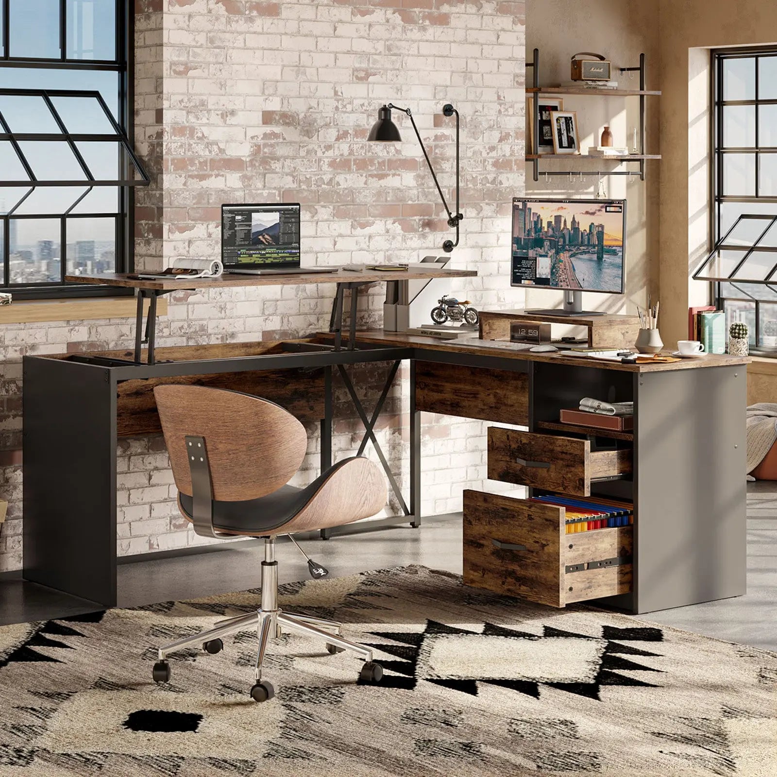 Bestier 56-inch L-Shaped Computer Desk with Drawers and Monitor Stand Bestier