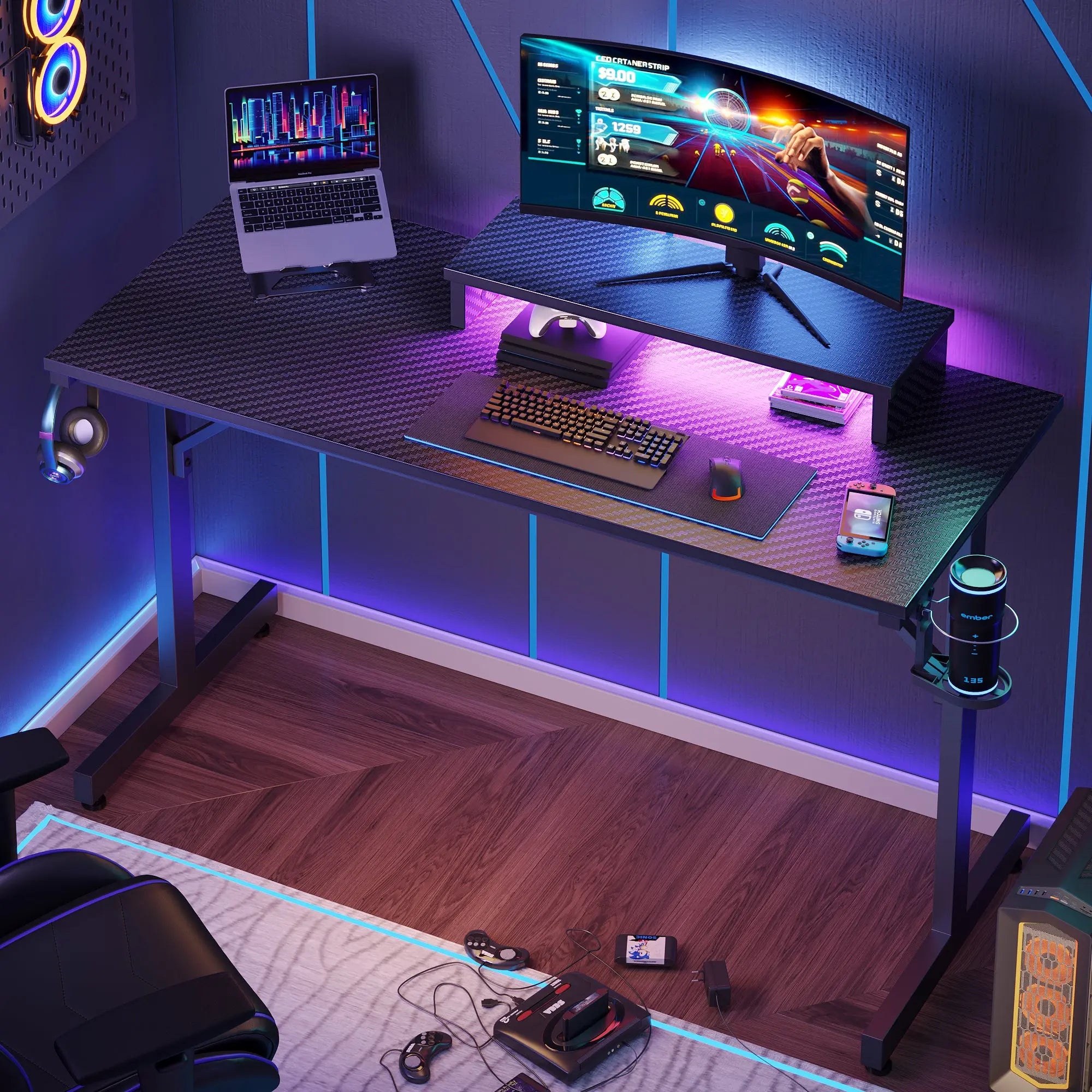 Bestier 42" Gaming Desk PC Computer Office Table Desk with LED Lights & Monitor Stand & Headphone Hook & Cup Holder in Carbon Fiber Black Bestier