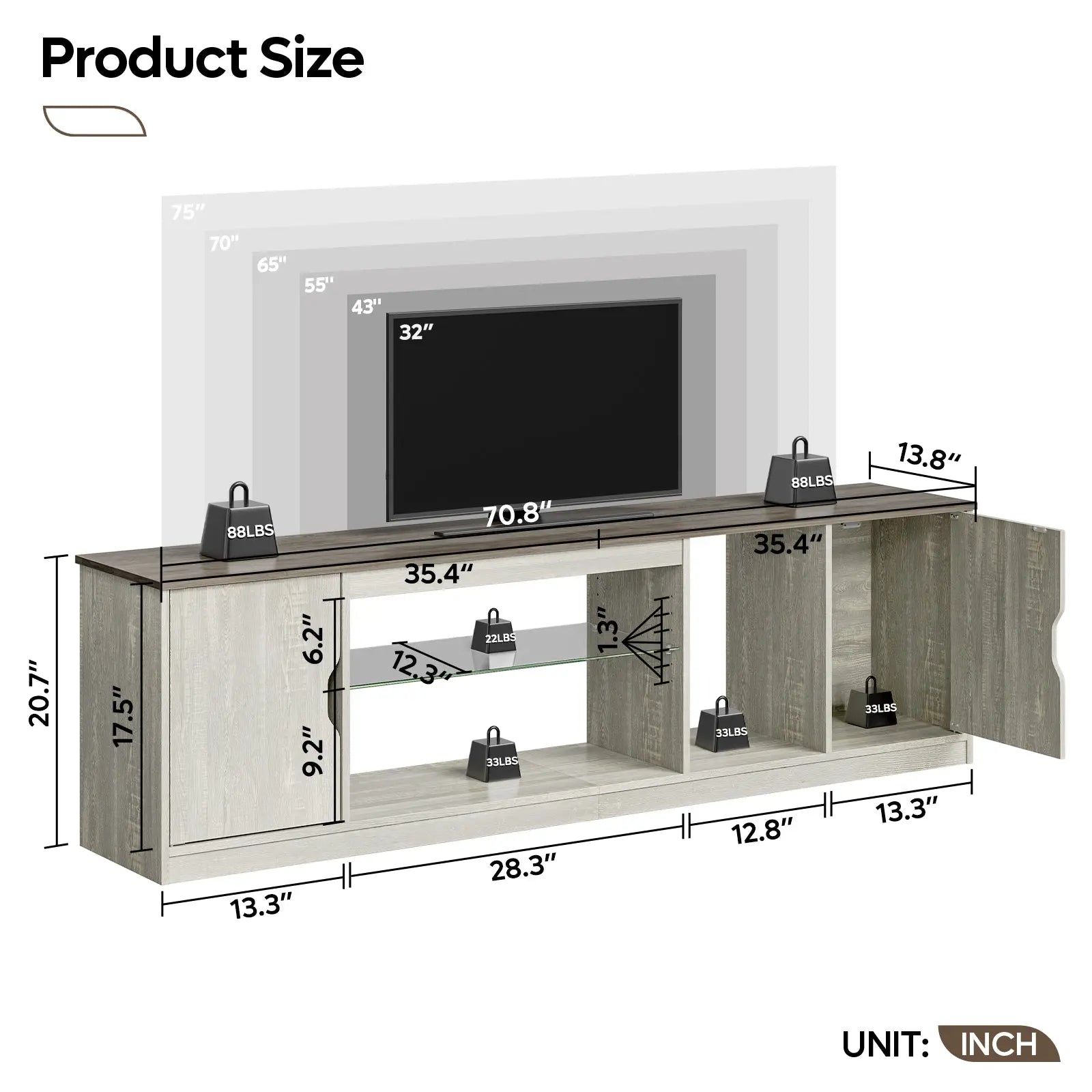 Bestier 70" TV stand dimensions: supports TVs up to 75", width 70.8", with weight capacities shown.