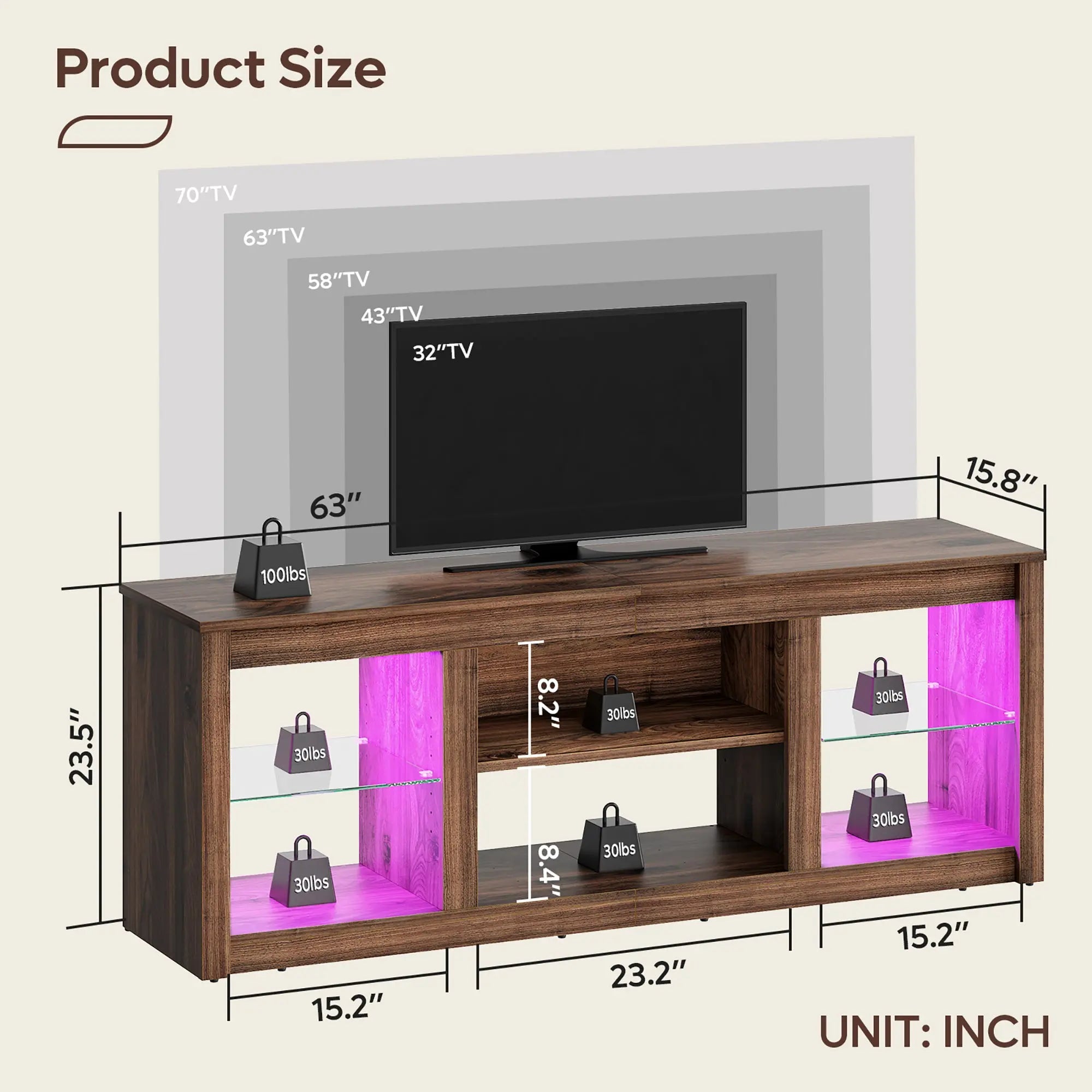 Bestier LED TV Stand for TVs up to 70", Entertainment Center with Storage Shelves, Walnut Bestier