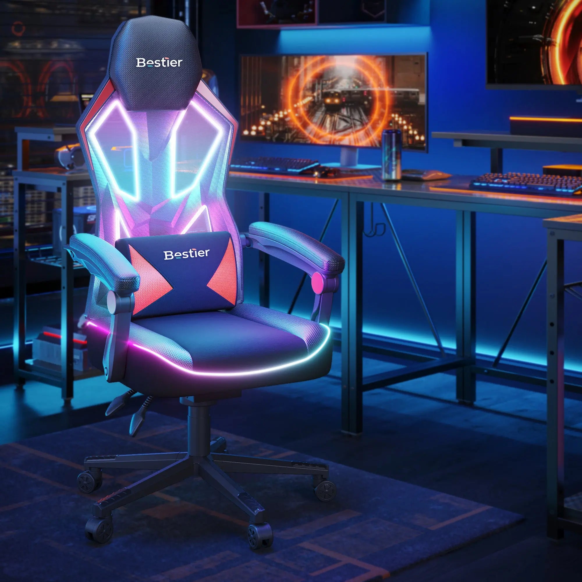 Bestier breathable RGB gaming chair with high-back mesh and LED lights.