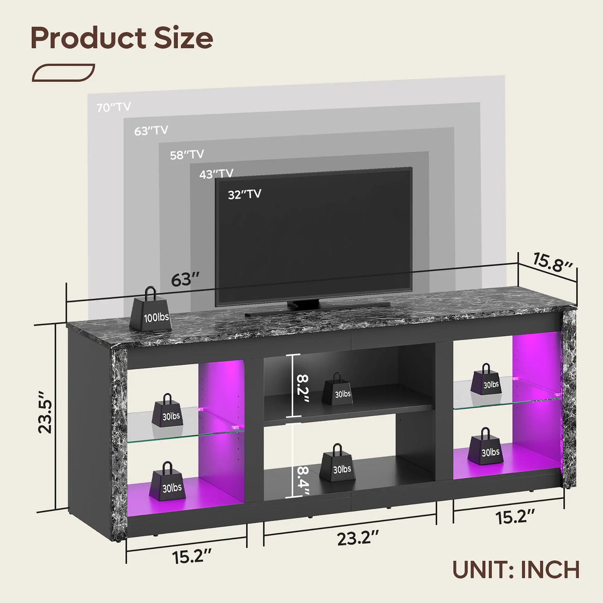 Bestier LED TV stand dimensions and size compatibility chart for TVs up to 70 inches, black marble finish.