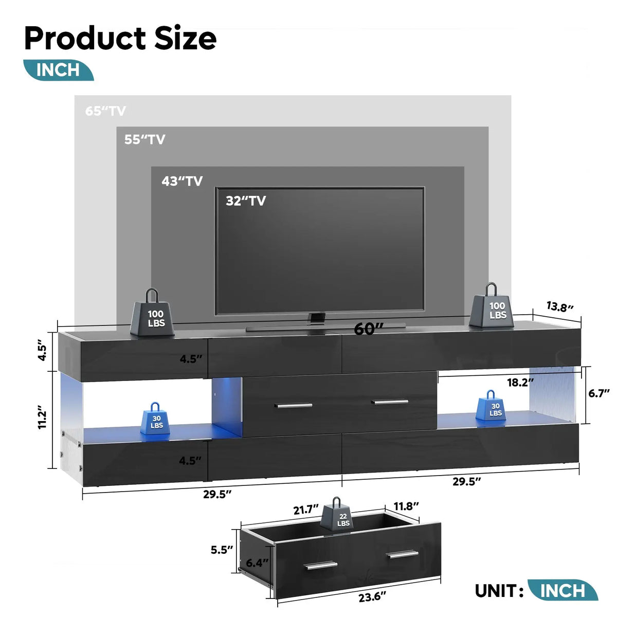 Bestier 60" High Gloss RGB LED TV Stand - Engineered Wood Minimalist Modern Media Console, Pull-Out Storage Drawer, Ripple Texture Acrylic Side Panels, Supports 65" TV, Man Cave Furniture Bestier