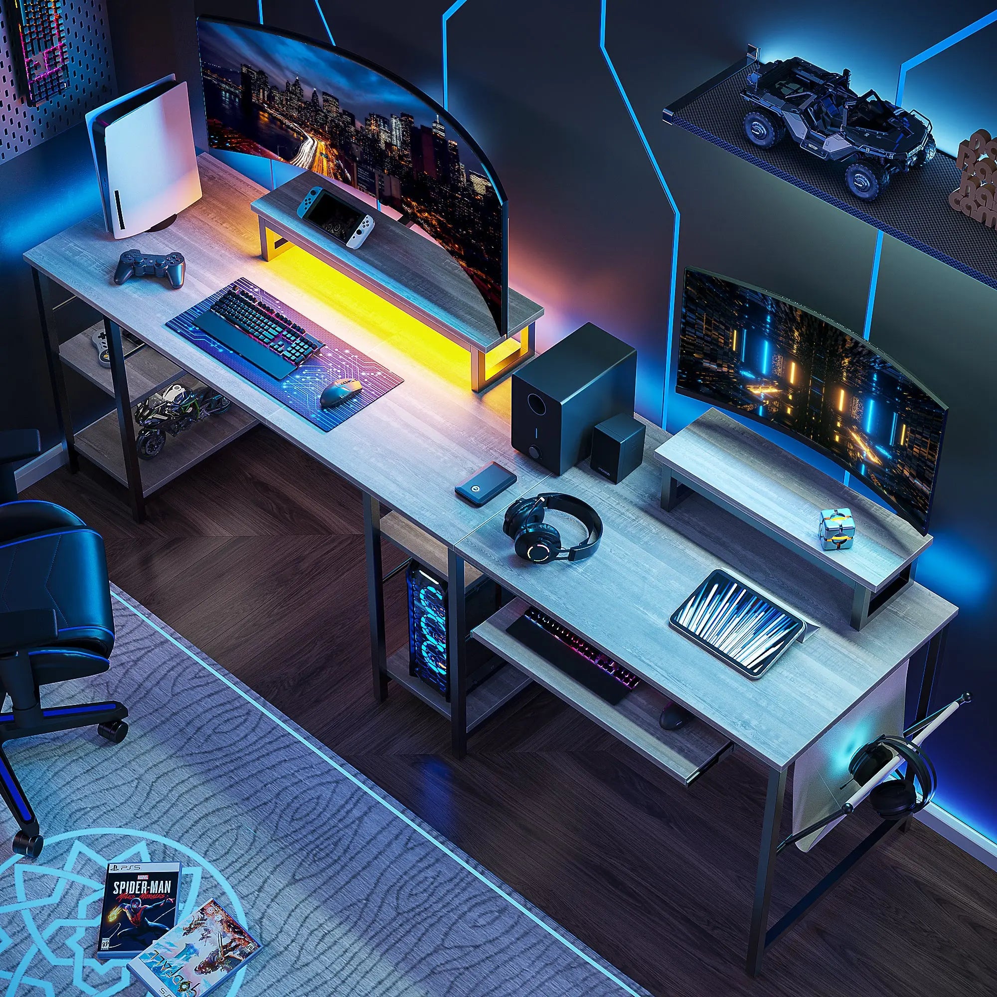 Bestier L Shaped Gaming Desk or 2 Person Long Table with Shelves Monitor Stand and Keyboard Tray Bestier