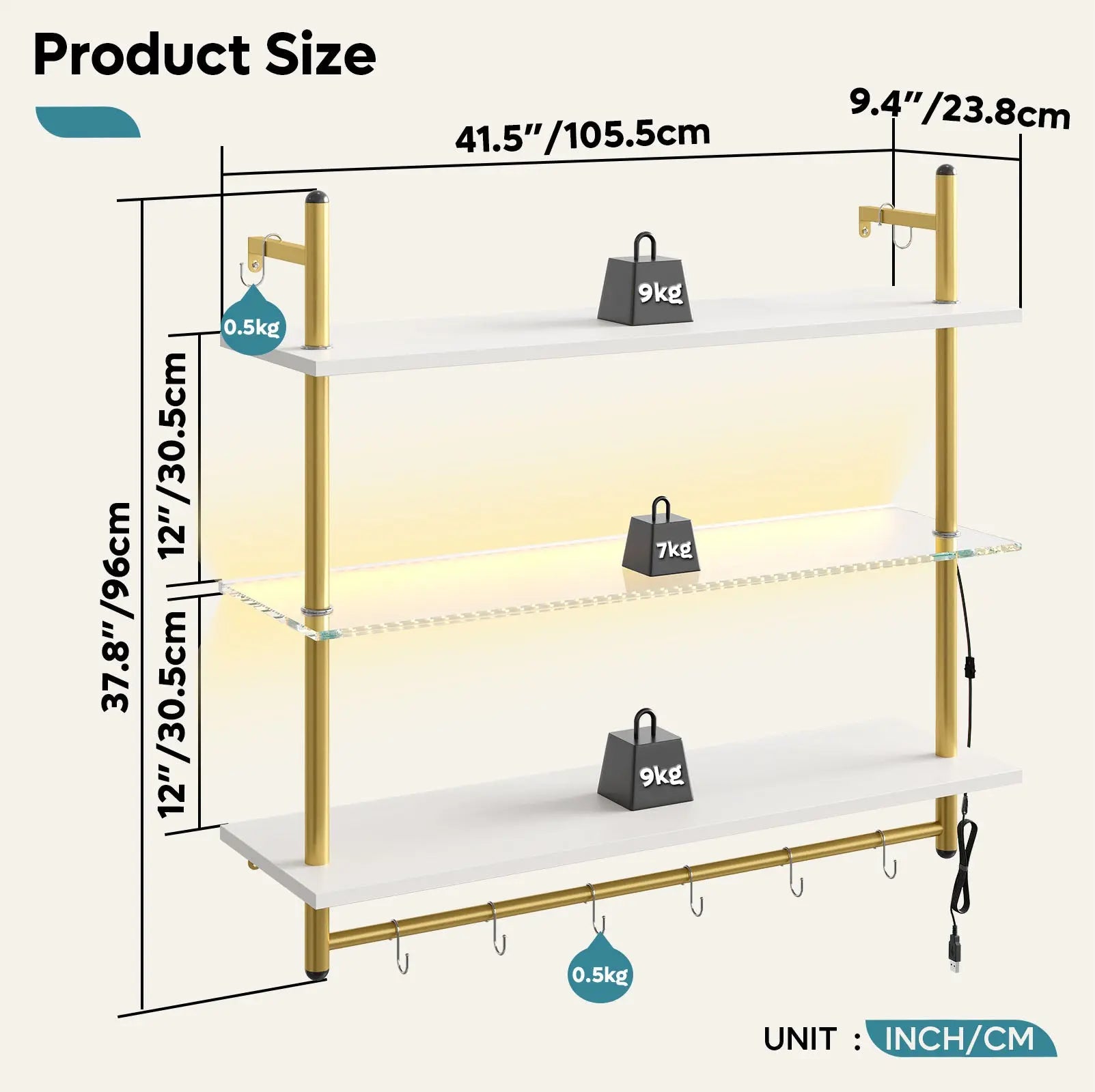 Bestier 41" 3-tier floating shelves: dimensions diagram. White wood, gold frame. Width, height, depth, weight.