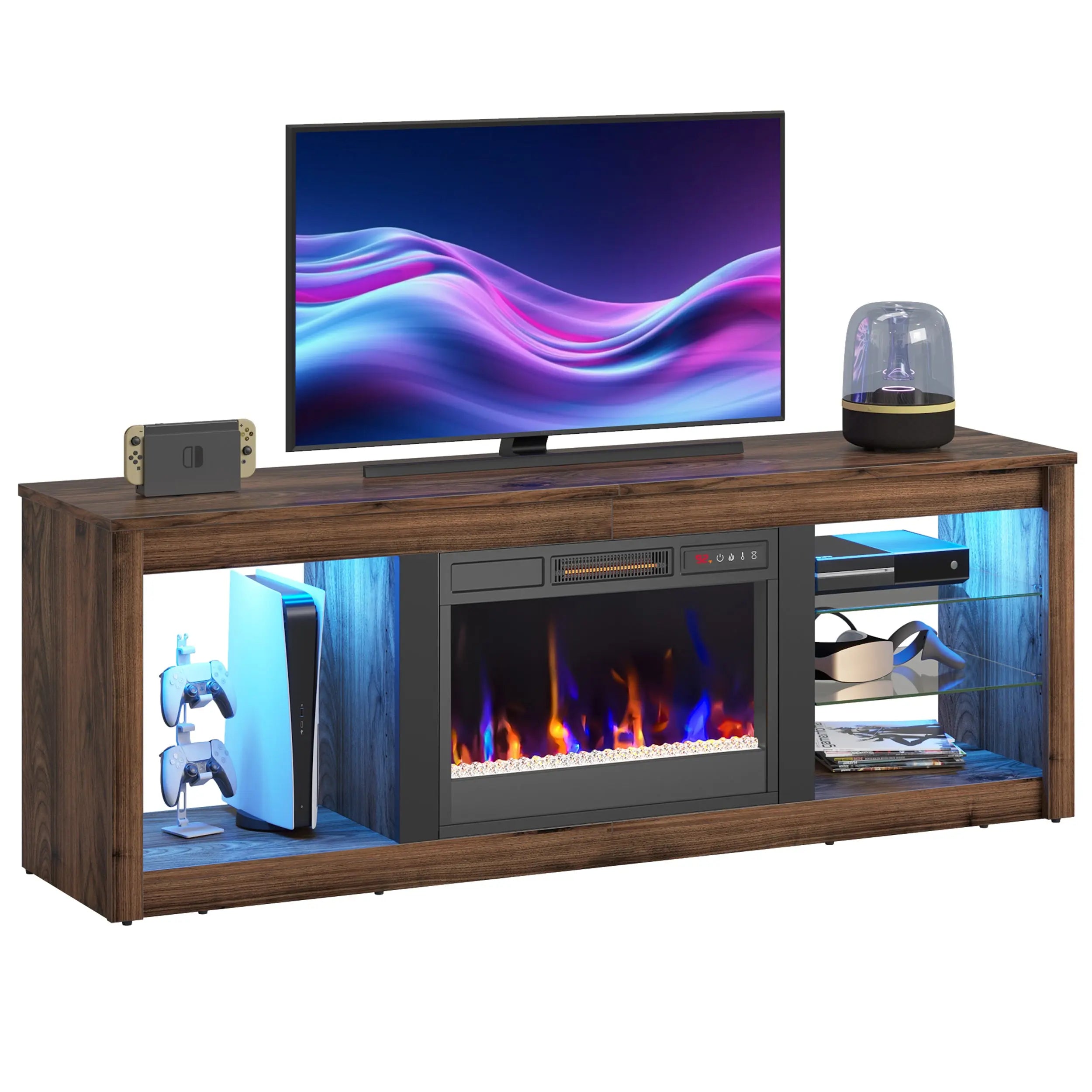 Bestier Modern Electric Fireplace TV Stand for TVs up to 55", with LED and Glass Shelves, Walnut Bestier