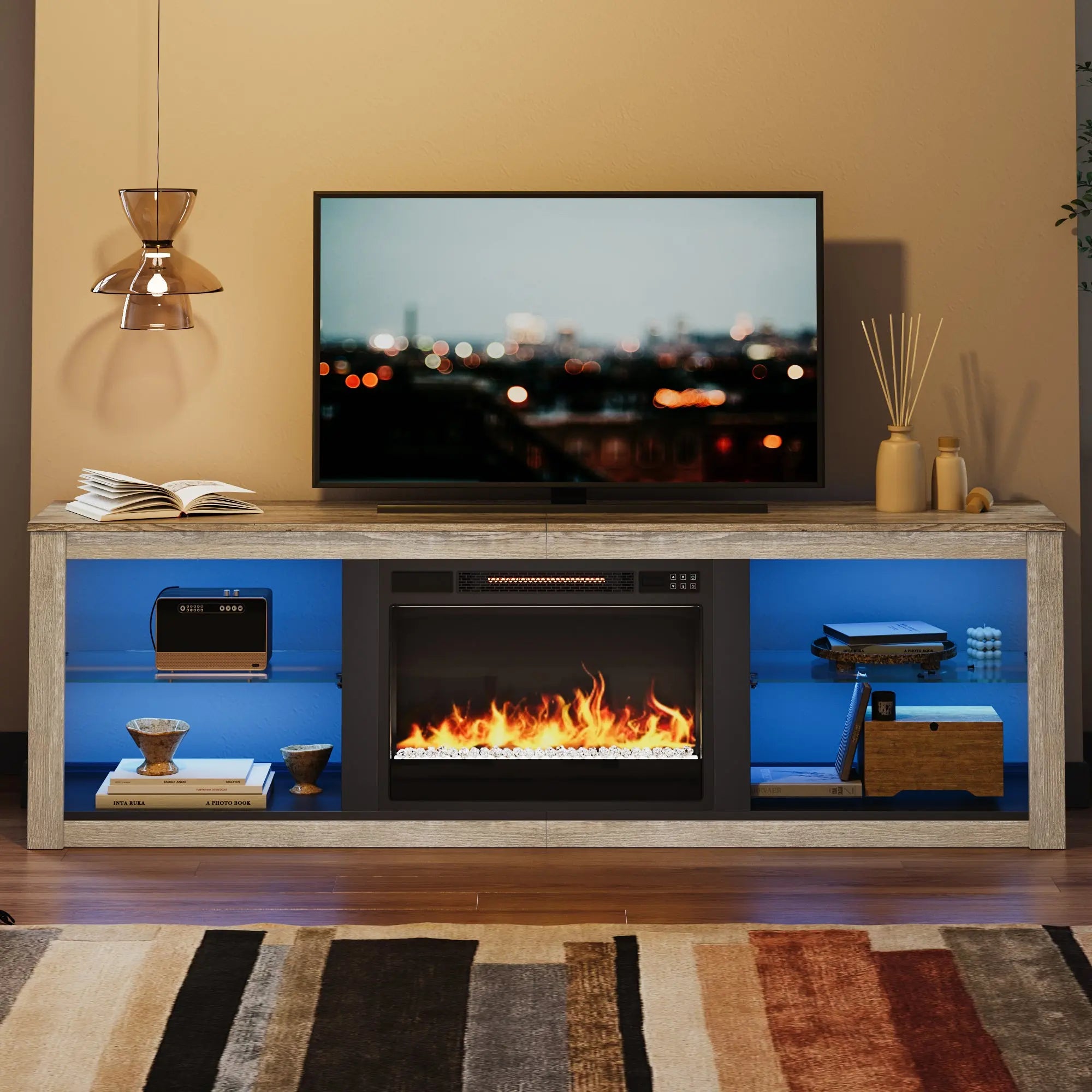 Bestier 70-inch fireplace TV stand with RGB LED lights and adjustable glass shelves.
