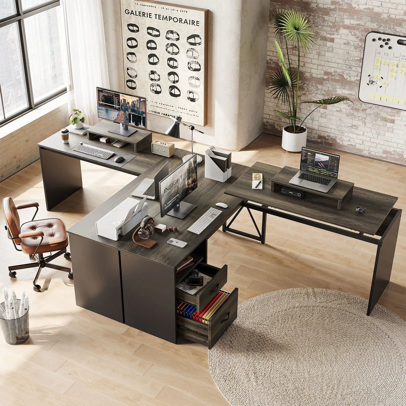 Bestier 56-inch L-Shaped Computer Desk with Drawers and Monitor Stand Bestier