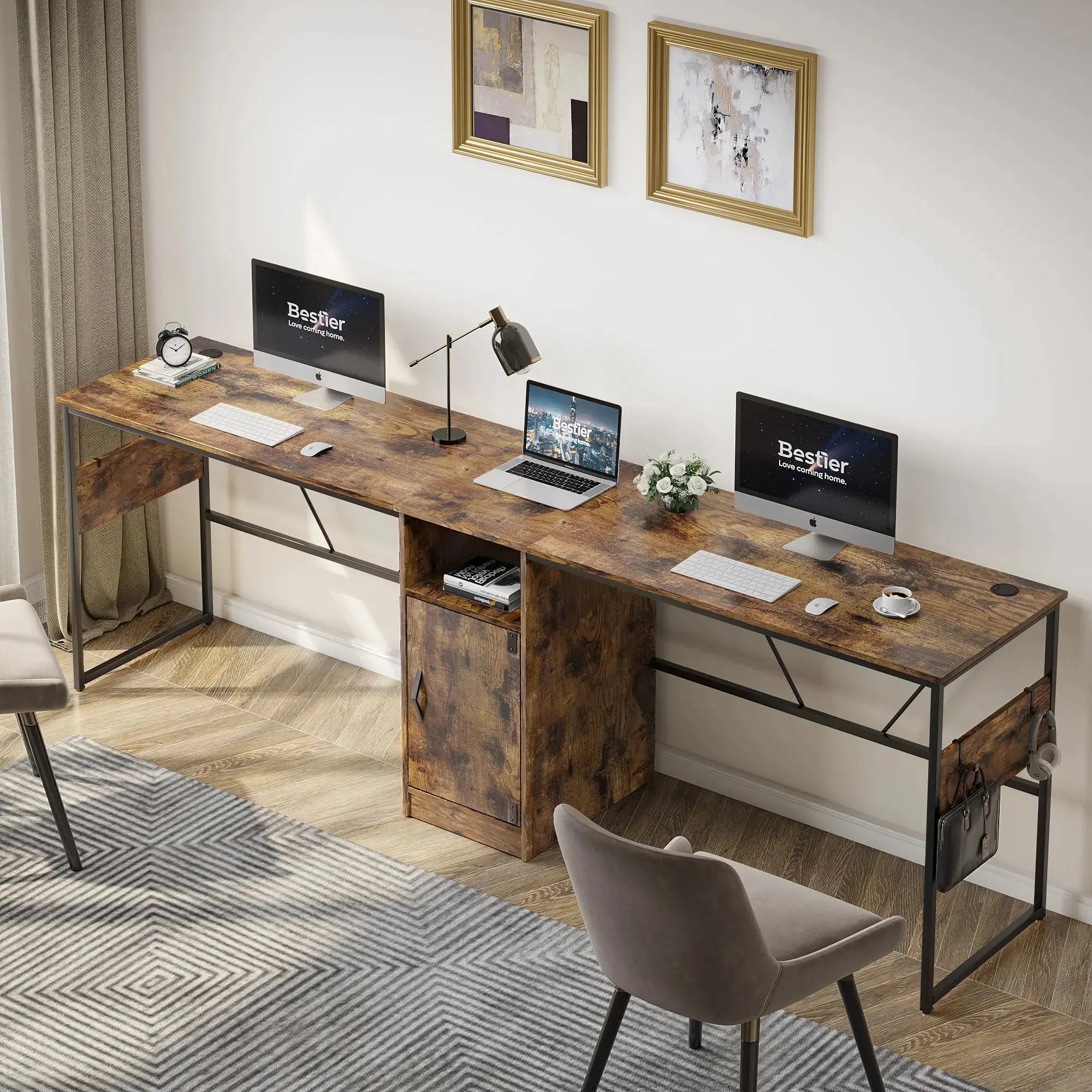 Bestier 95" long reversible L-shaped computer desk with rustic wood finish, cabinet & hooks.