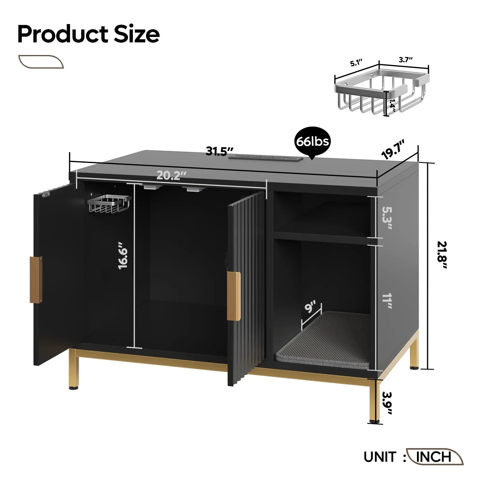 Cat Litter Box Enclosure, Glossy Fluted Hidden Litter Box Cabinet with Power Outlets, Cat Washroom Furniture with Double Layer Litter Mat Bestier