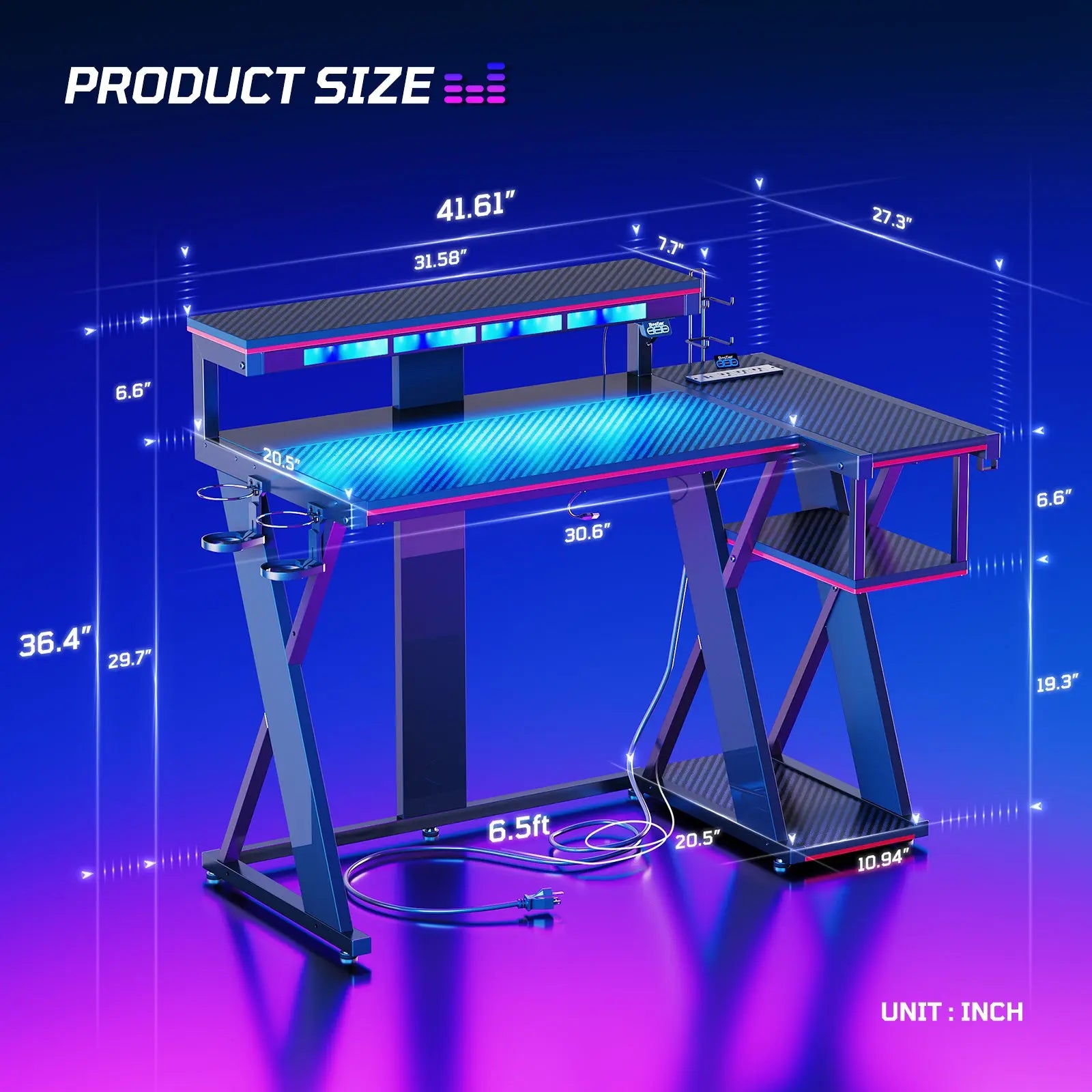Bestier 42-inch L-shaped Gaming Desk with RGB Music Sync Lights, 3 AC Outlets & Dual Cup Holders Bestier