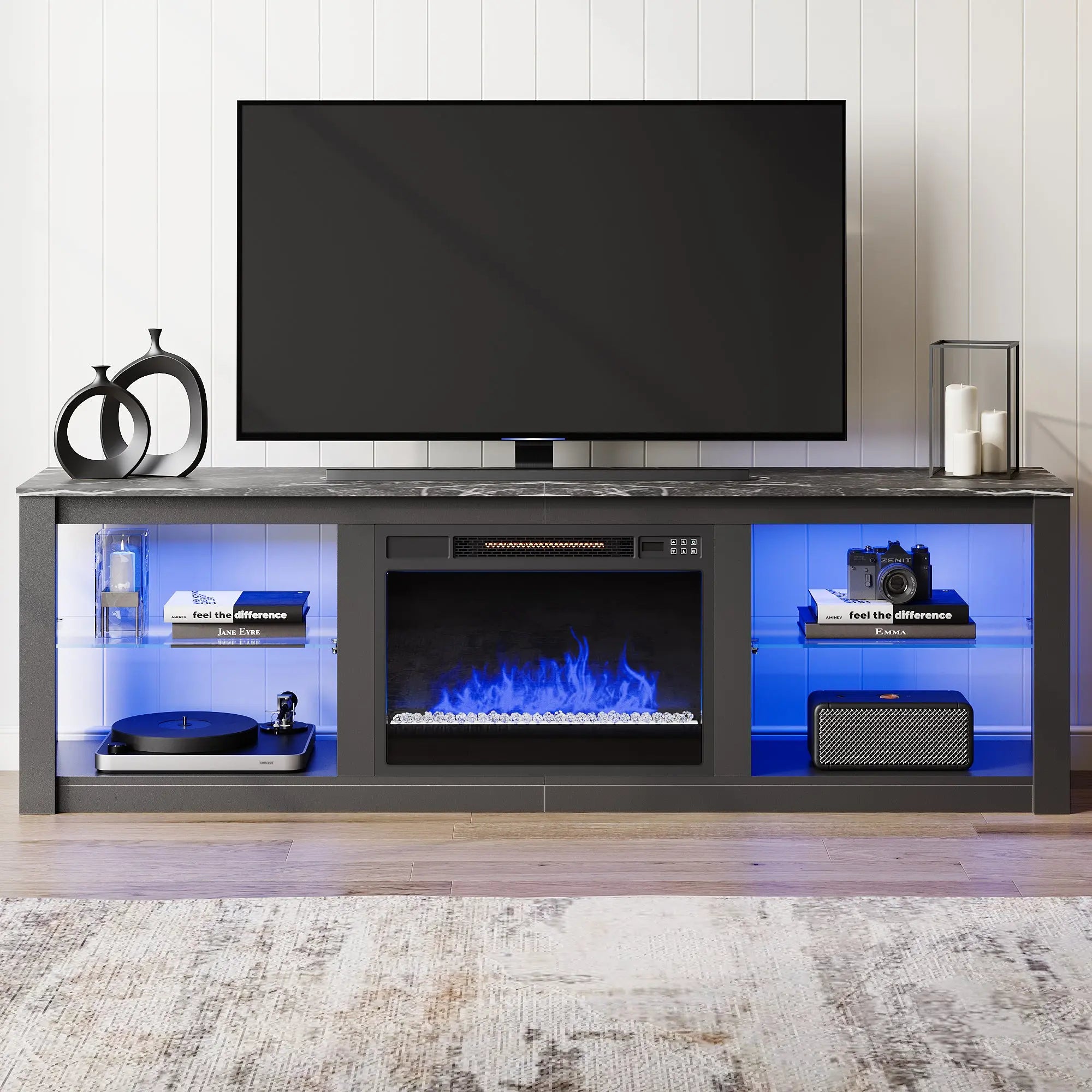 Bestier 70-inch Fireplace TV Stand with RGB Lights, Adjustable Glass Shelves & Remote Control Bestier