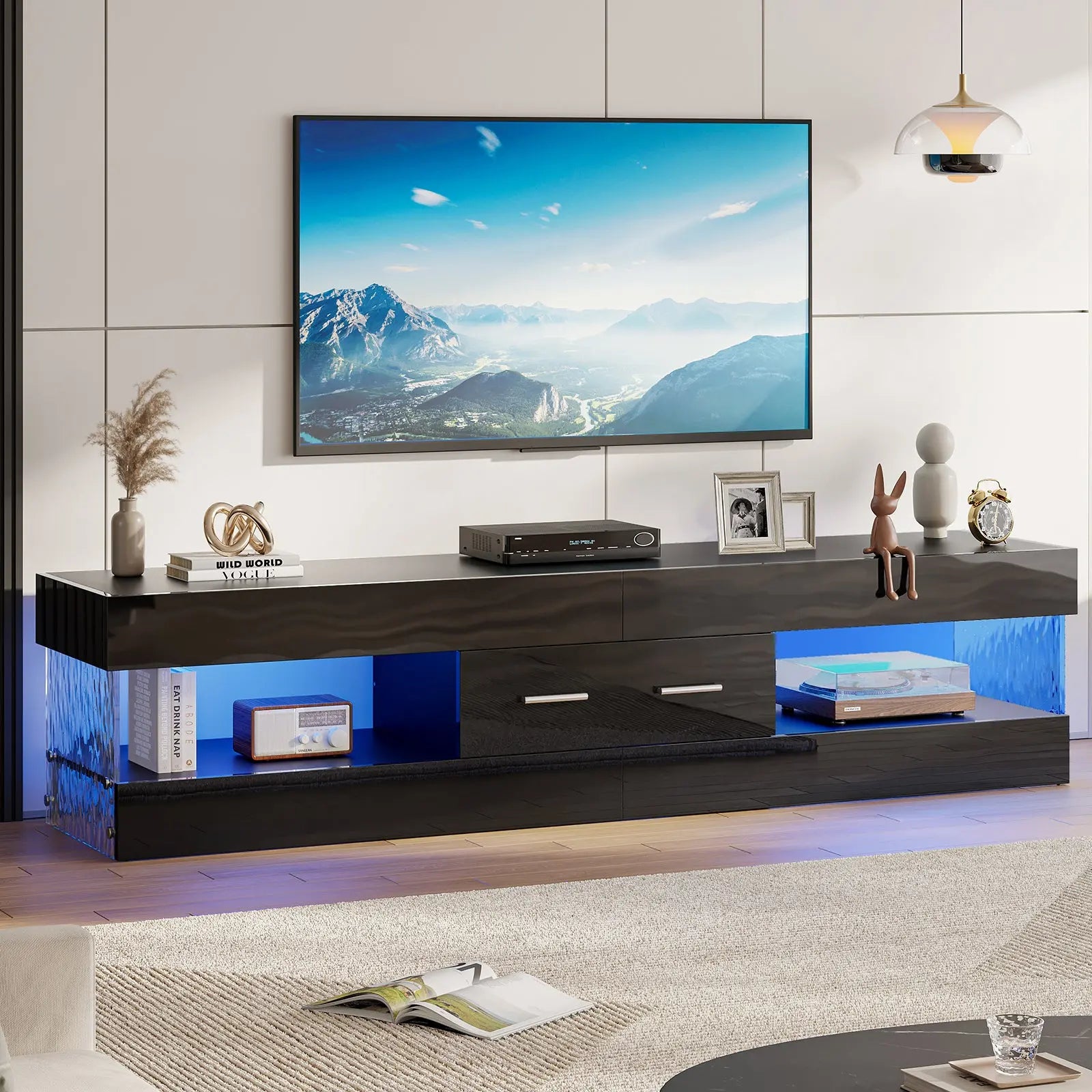 TV Stand for TVs up to 75" Modern Entertainment Center with LED Light High Gloss TV Console Table Storage Drawers Bestier