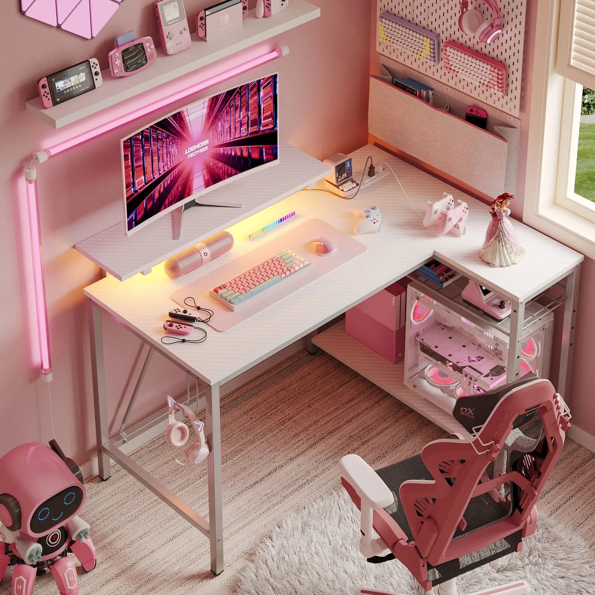 Bestier 42" Reversible L-Shaped Gaming Desk with Power Outlets LED Lights and Monitor Stand &Storage Shelves & Hooks for Bedrooms & Home Offices Bestier