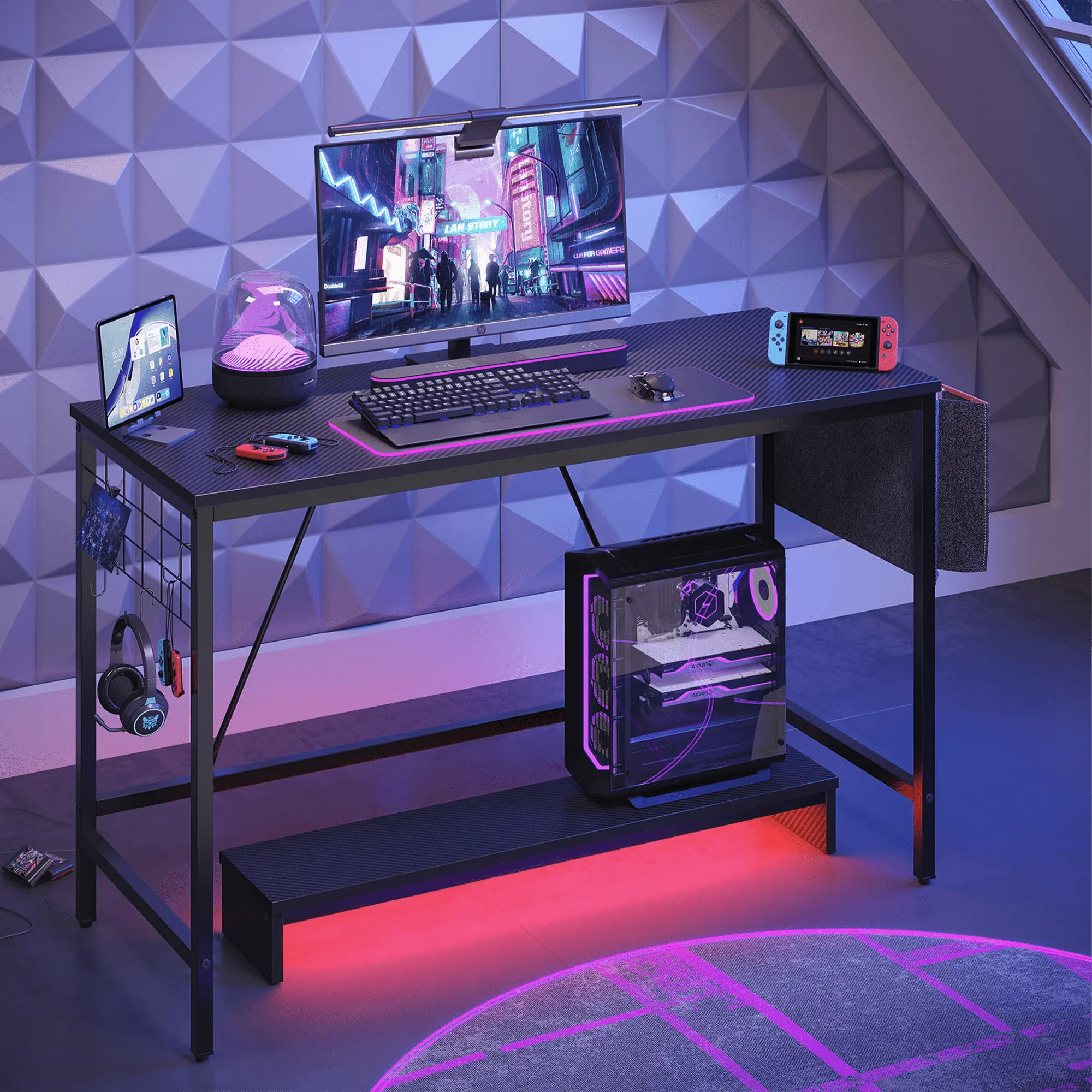Bestier 41.7 inch Gaming Desk with LED Monitor Stand, Storage Pocket, Grid Side Frame, for Gaming Room and Home Office Bestier