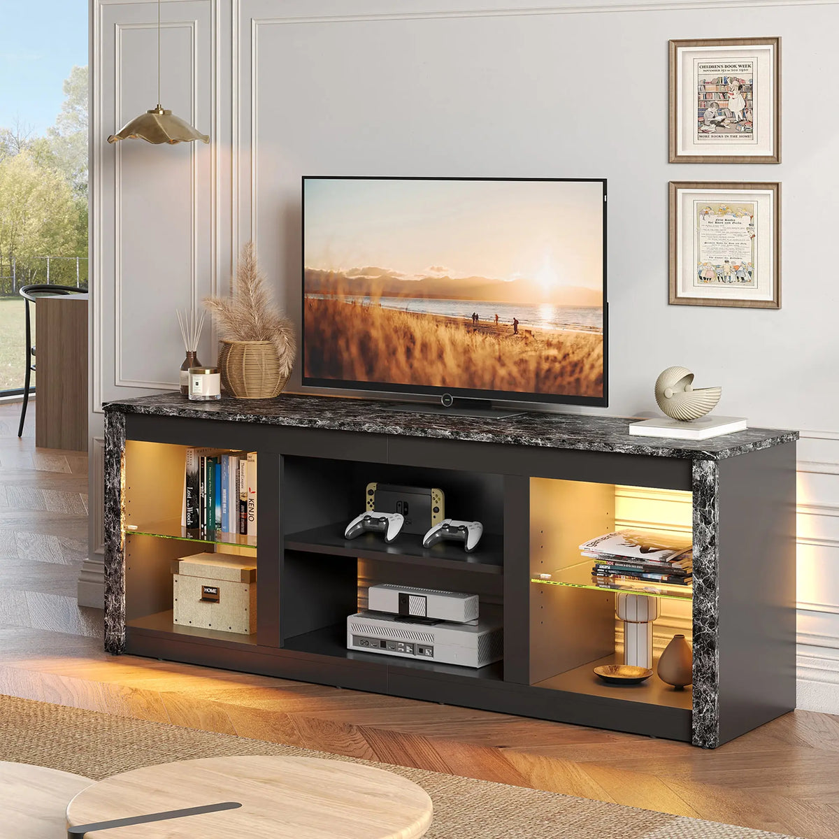 Bestier LED TV stand in black marble with storage shelves, featuring consoles, books, and warm lighting.
