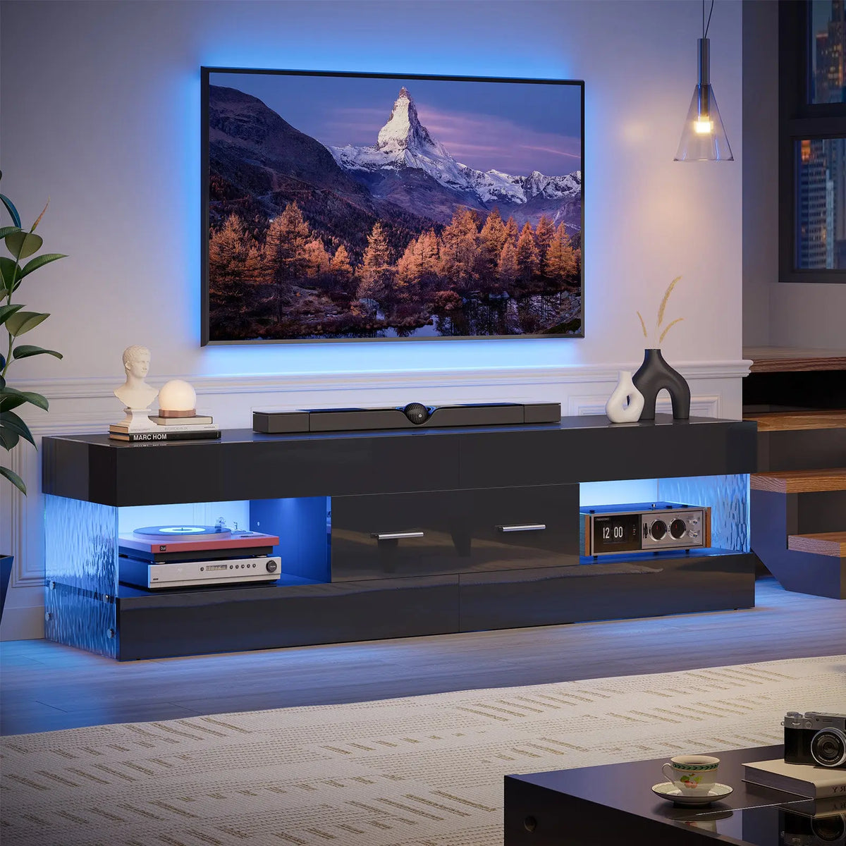Bestier 60" High Gloss RGB LED TV Stand - Engineered Wood Minimalist Modern Media Console, Pull-Out Storage Drawer, Ripple Texture Acrylic Side Panels, Supports 65" TV, Man Cave Furniture Bestier
