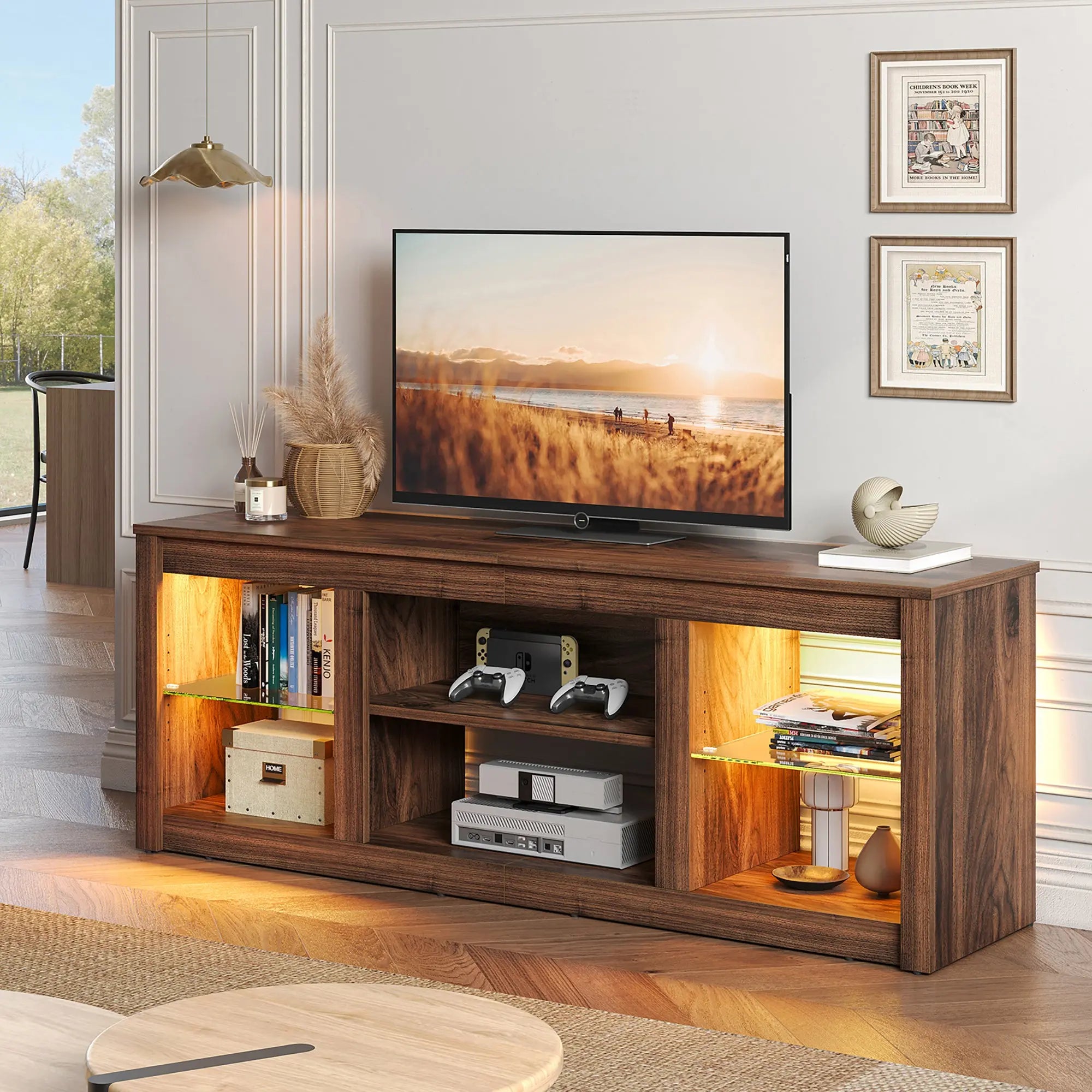 Bestier LED TV Stand in walnut finish with storage shelves, game consoles, and ambient lighting.