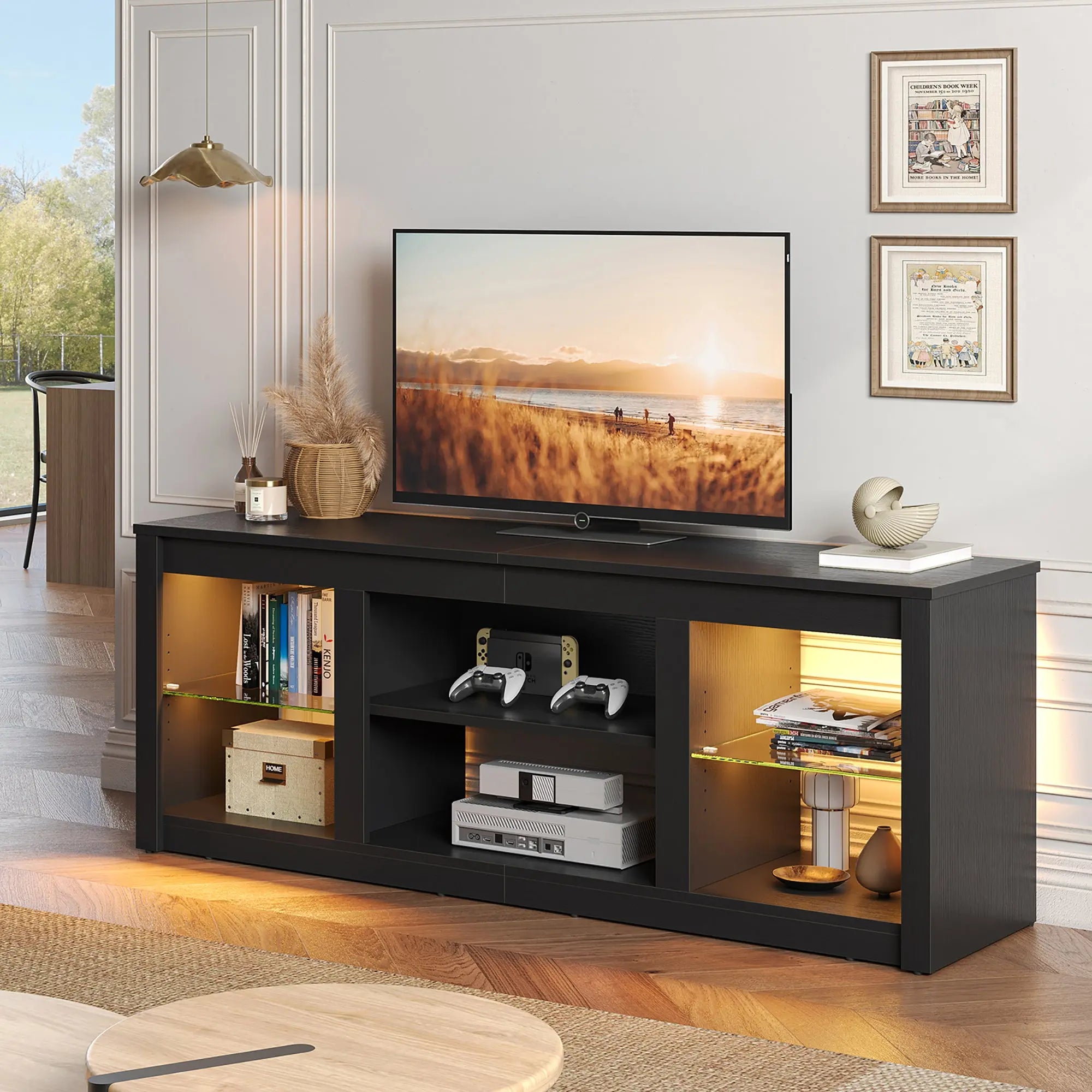 Black Bestier LED TV stand with shelves holding books, consoles, and ambient light.